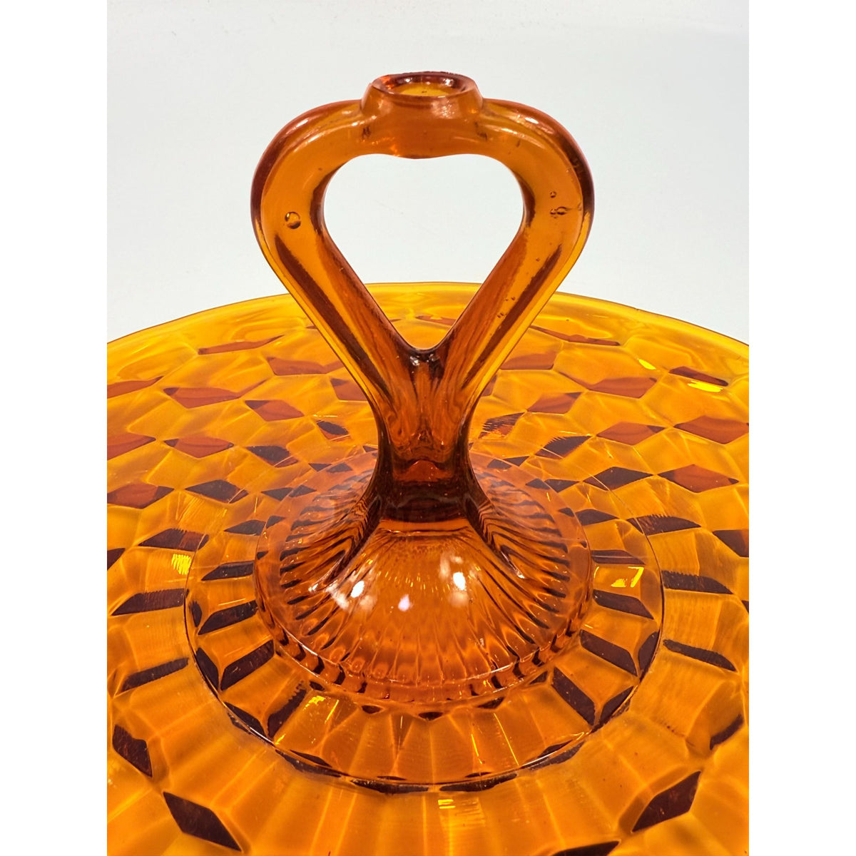 Amber Handled Serving Tray With ndiana Colony Cubist Cube Diamond Pattern 12" Round Vintage Mid Century Retro Tableware Serveware