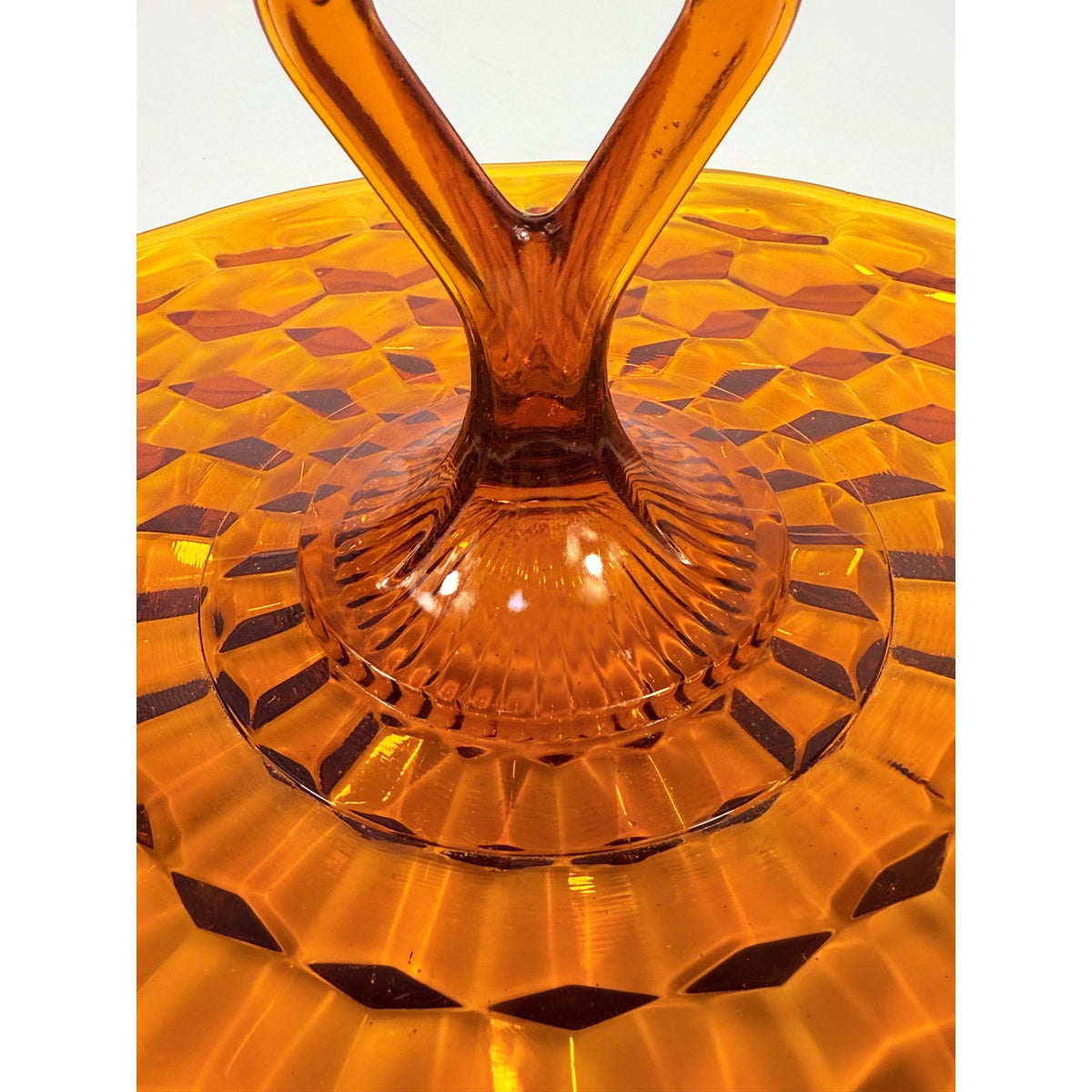 Amber Handled Serving Tray With ndiana Colony Cubist Cube Diamond Pattern 12" Round Vintage Mid Century Retro Tableware Serveware
