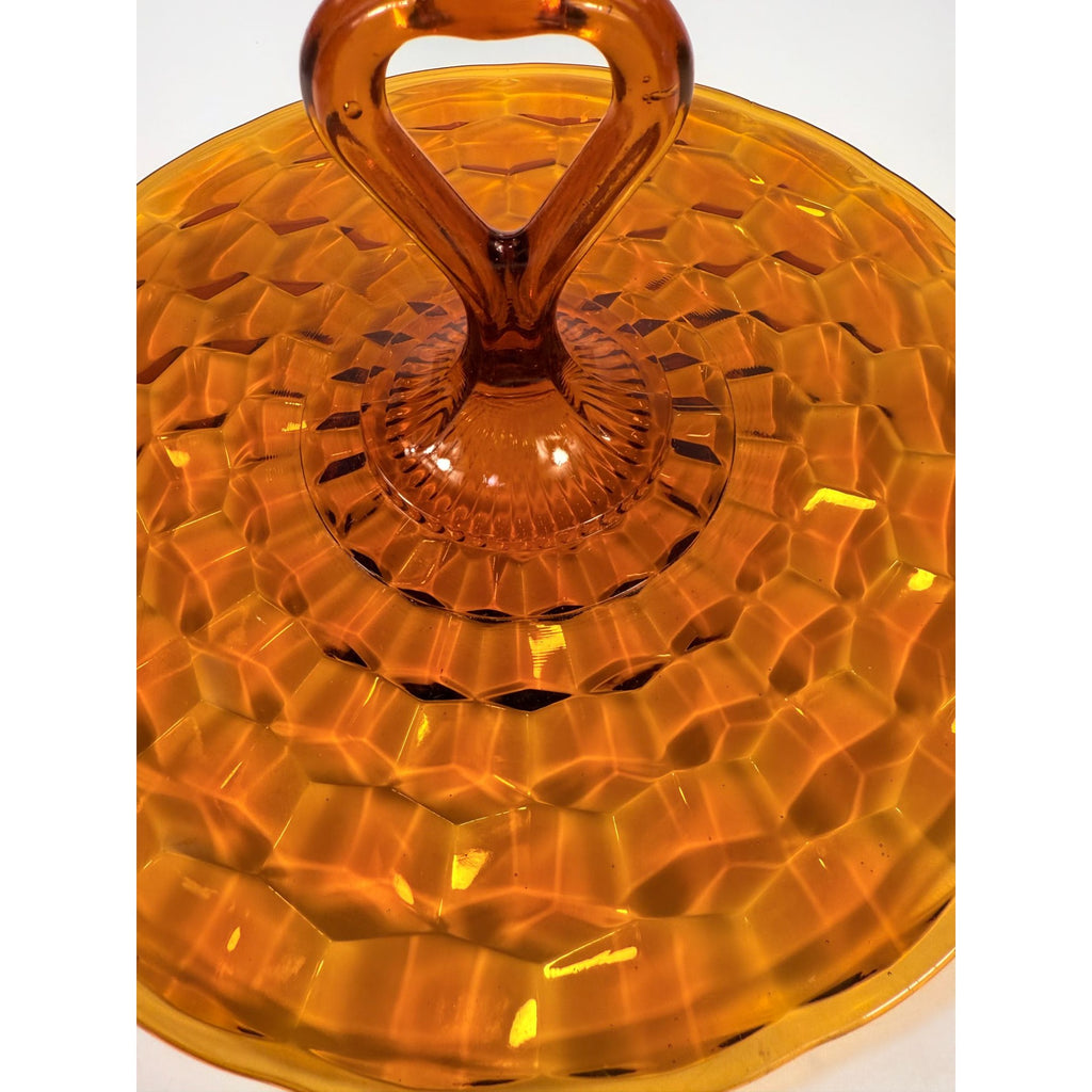 Amber Handled Serving Tray With ndiana Colony Cubist Cube Diamond Pattern 12" Round Vintage Mid Century Retro Tableware Serveware