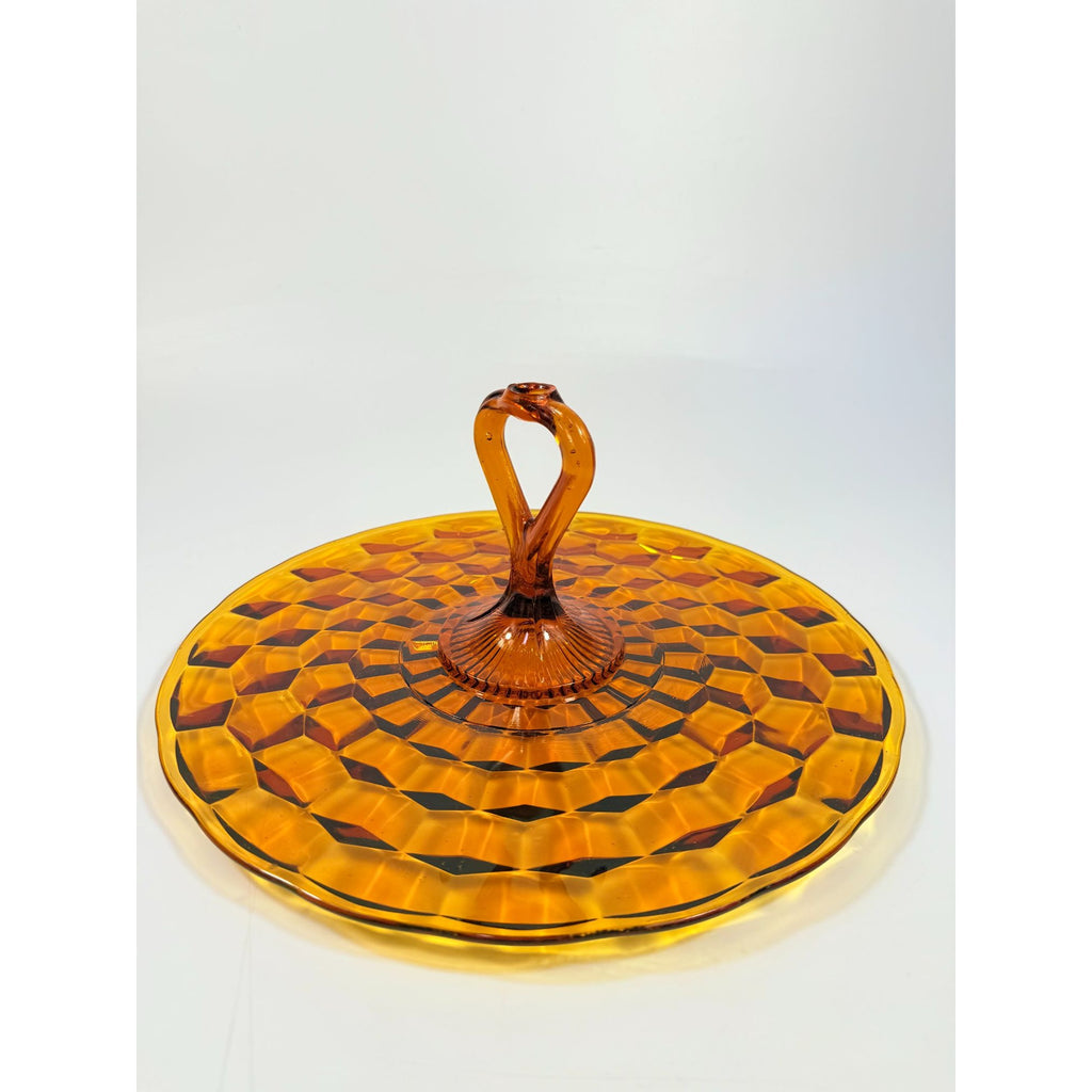 Amber Handled Serving Tray With ndiana Colony Cubist Cube Diamond Pattern 12" Round Vintage Mid Century Retro Tableware Serveware
