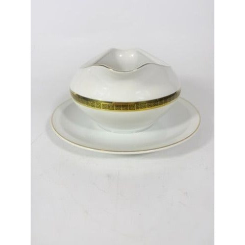 Gravy Boat Saucer Key Largo by Meito Black Greek Key On Gold Band Royal M Japan Replacement China Vintage Elegant Traditional