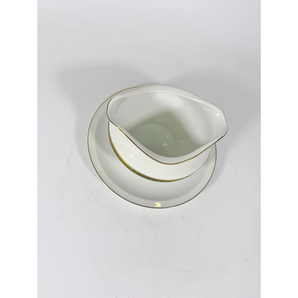 Gravy Boat Saucer Key Largo by Meito Black Greek Key On Gold Band Royal M Japan Replacement China Vintage Elegant Traditional