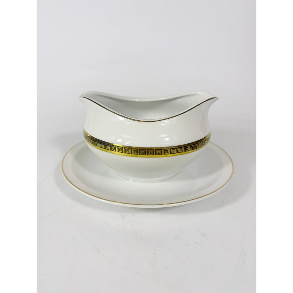 Gravy Boat Saucer Key Largo by Meito Black Greek Key On Gold Band Royal M Japan Replacement China Vintage Elegant Traditional