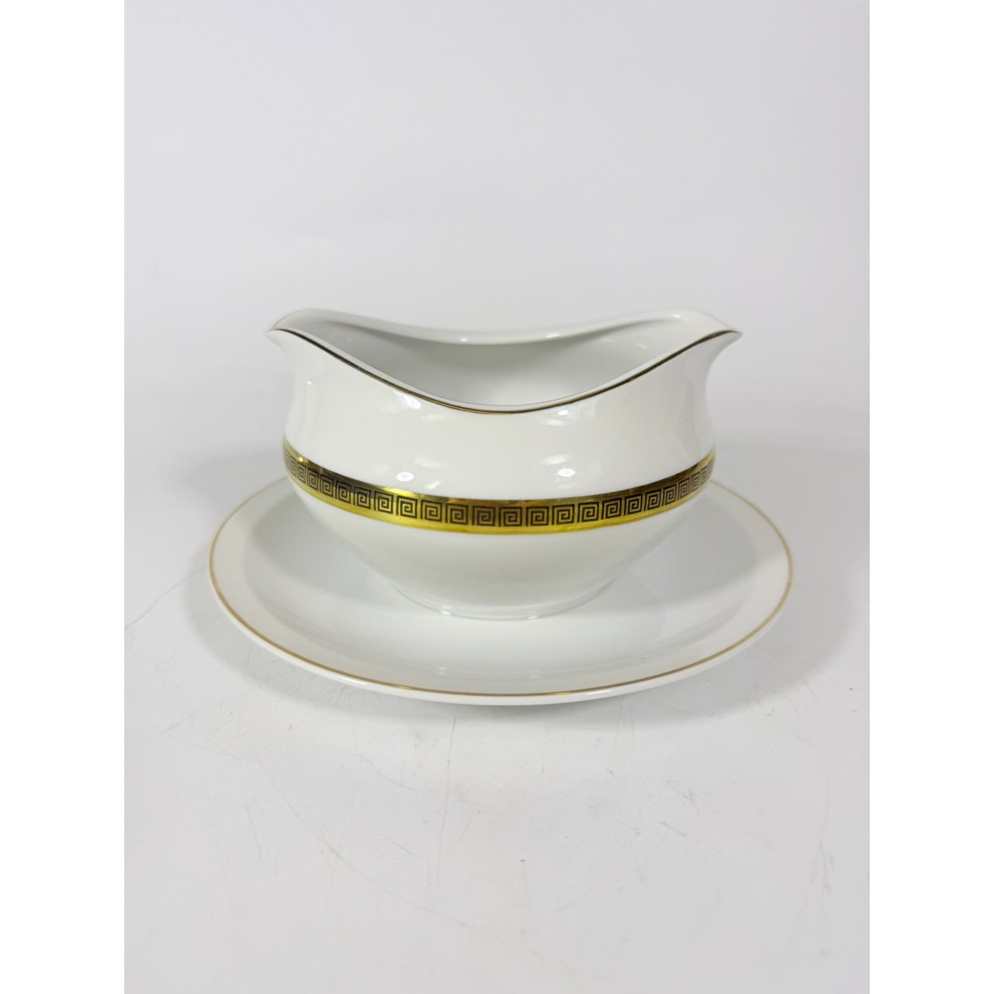 Gravy Boat Saucer Key Largo by Meito Black Greek Key On Gold Band Royal M Japan Replacement China Vintage Elegant Traditional