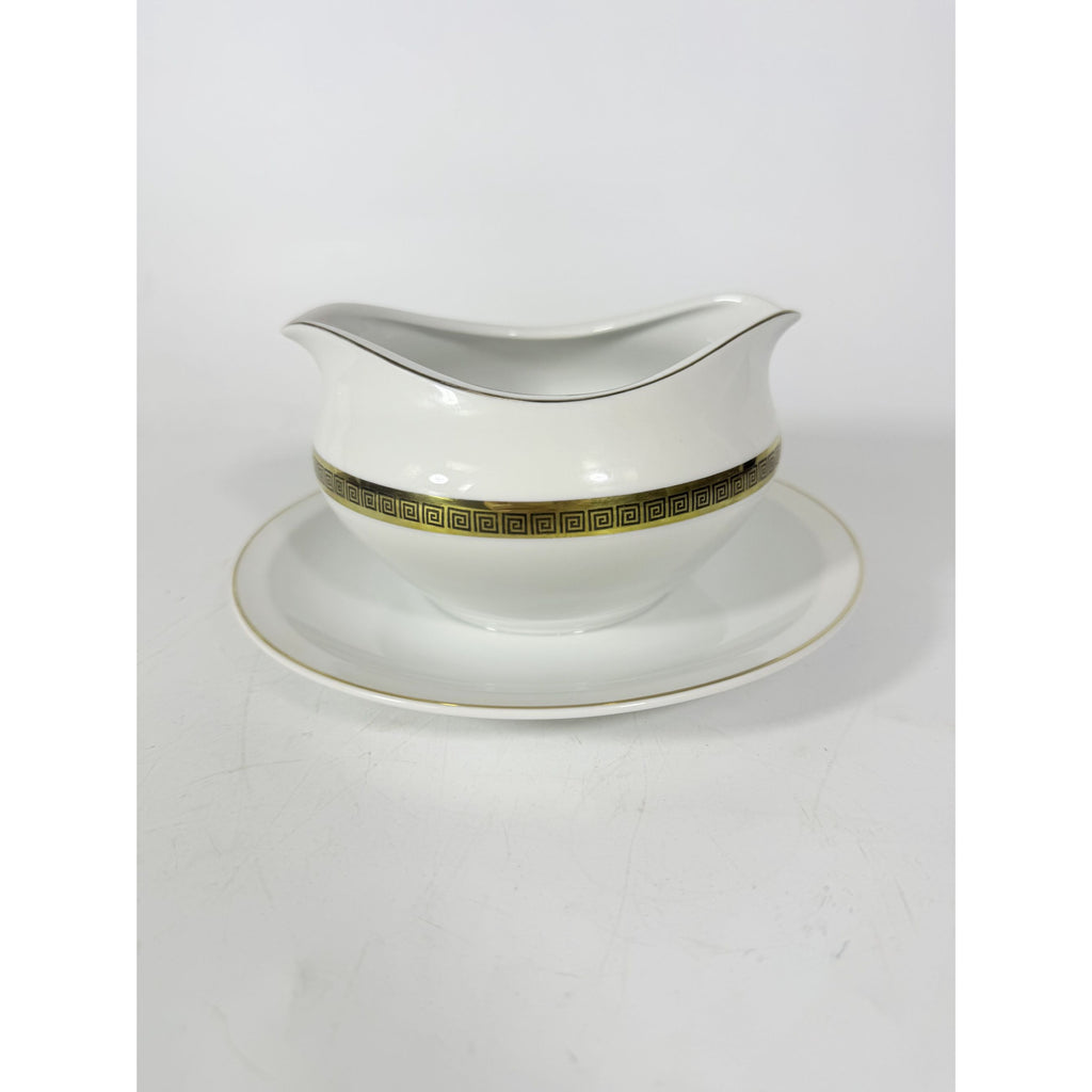 Gravy Boat Saucer Key Largo by Meito Black Greek Key On Gold Band Royal M Japan Replacement China Vintage Elegant Traditional