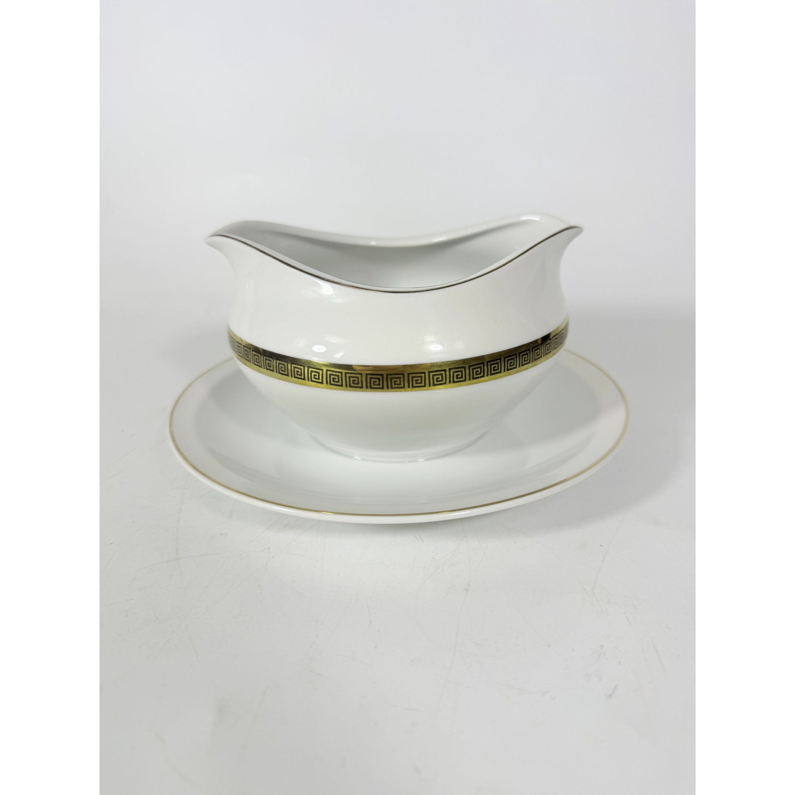 Gravy Boat Saucer Key Largo by Meito Black Greek Key On Gold Band Royal M Japan Replacement China Vintage Elegant Traditional