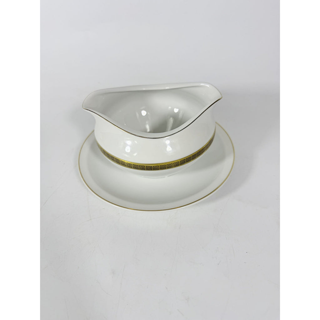 Gravy Boat Saucer Key Largo by Meito Black Greek Key On Gold Band Royal M Japan Replacement China Vintage Elegant Traditional