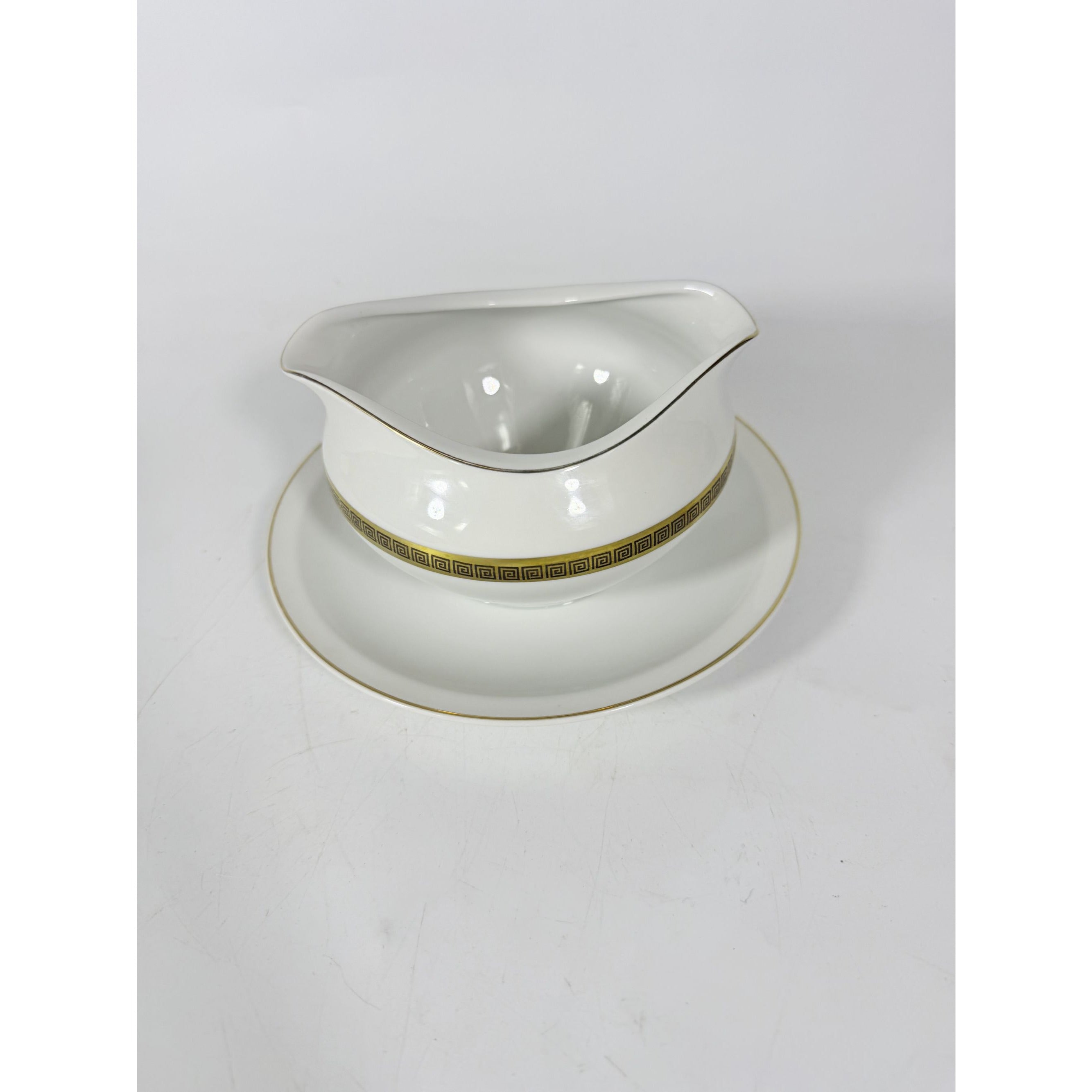Gravy Boat Saucer Key Largo by Meito Black Greek Key On Gold Band Royal M Japan Replacement China Vintage Elegant Traditional