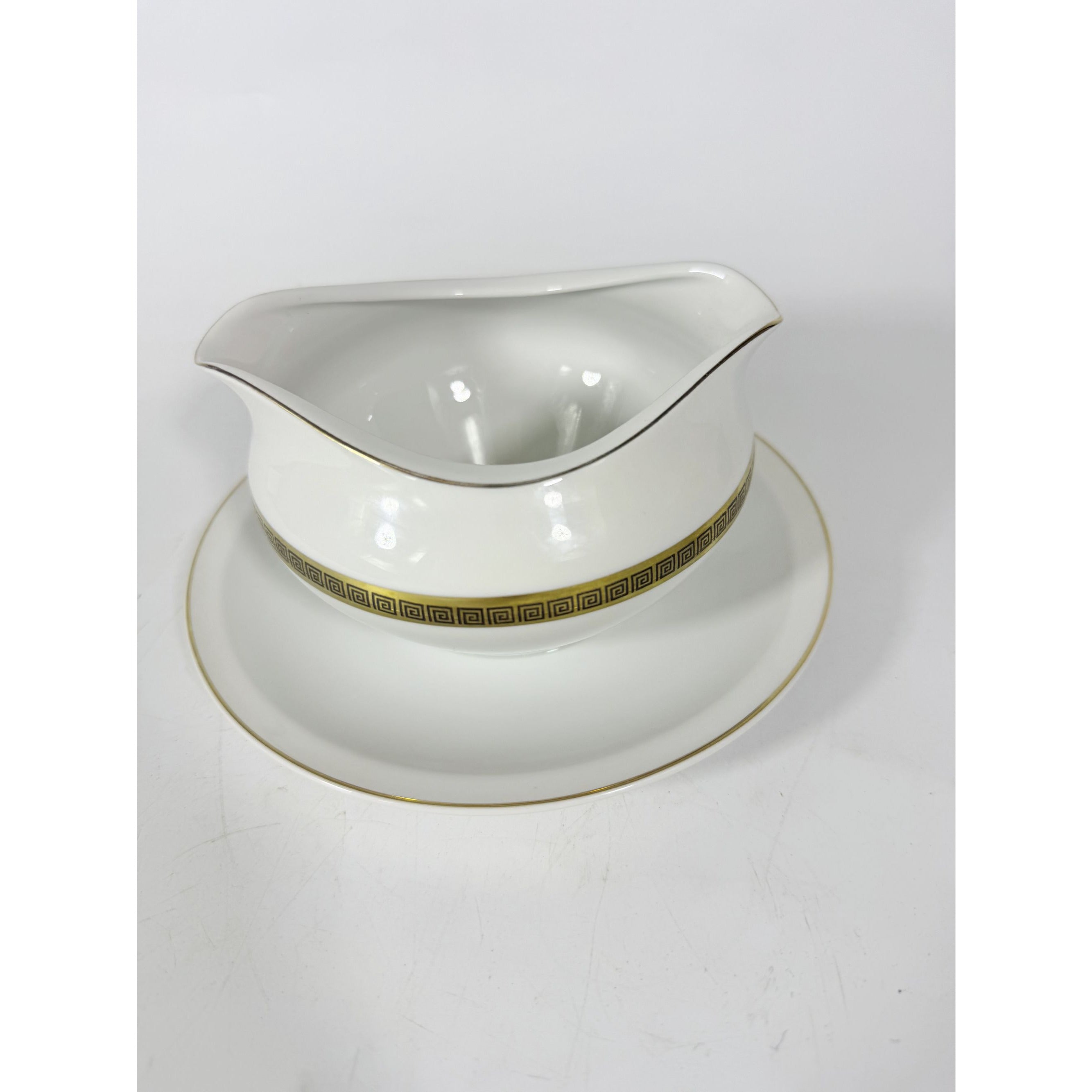 Gravy Boat Saucer Key Largo by Meito Black Greek Key On Gold Band Royal M Japan Replacement China Vintage Elegant Traditional