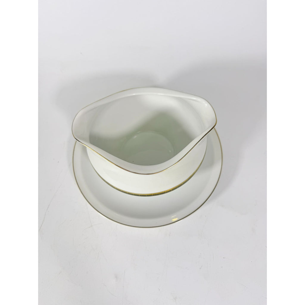 Gravy Boat Saucer Key Largo by Meito Black Greek Key On Gold Band Royal M Japan Replacement China Vintage Elegant Traditional