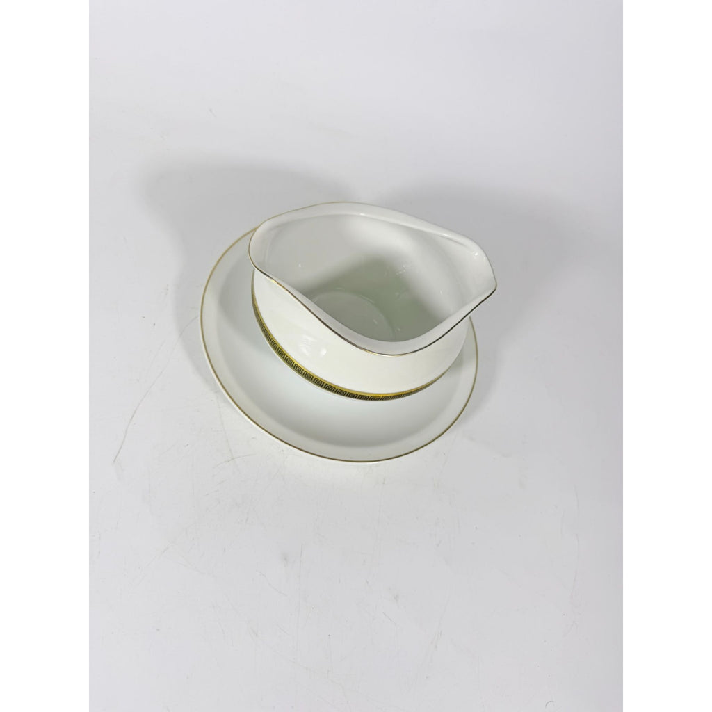 Gravy Boat Saucer Key Largo by Meito Black Greek Key On Gold Band Royal M Japan Replacement China Vintage Elegant Traditional