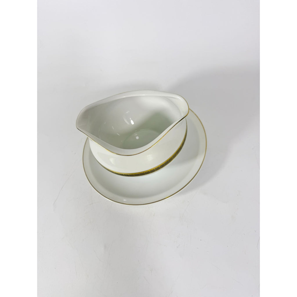 Gravy Boat Saucer Key Largo by Meito Black Greek Key On Gold Band Royal M Japan Replacement China Vintage Elegant Traditional