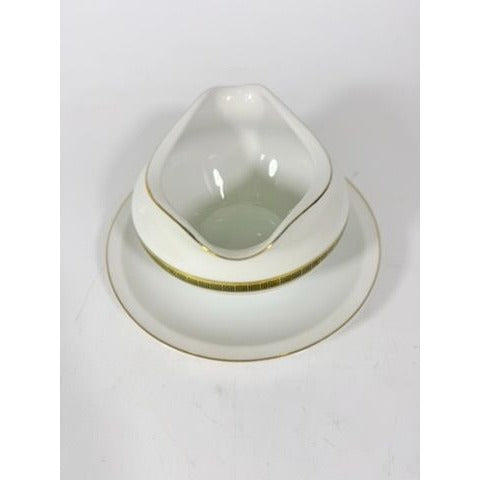 Gravy Boat Saucer Key Largo by Meito Black Greek Key On Gold Band Royal M Japan Replacement China Vintage Elegant Traditional