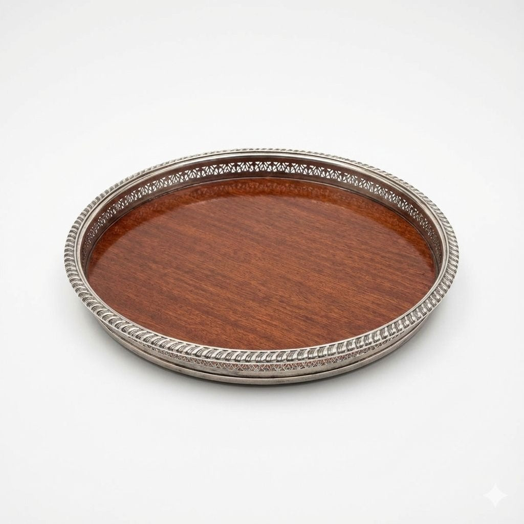 Cocktail Tray Silver Plated Round Reticulated Rim Cresent Vintage Faux wood grain bottom Ball Feet Hostess Serving Wedding Cocktail Party