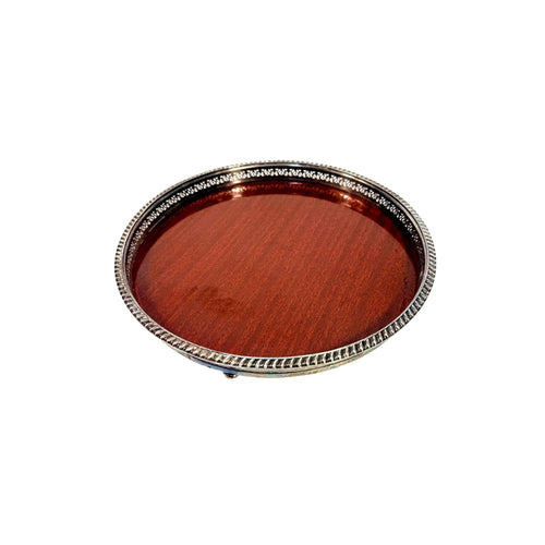 Cocktail Tray Silver Plated Round Reticulated Rim Cresent Vintage Faux wood grain bottom Ball Feet Hostess Serving Wedding Cocktail Party