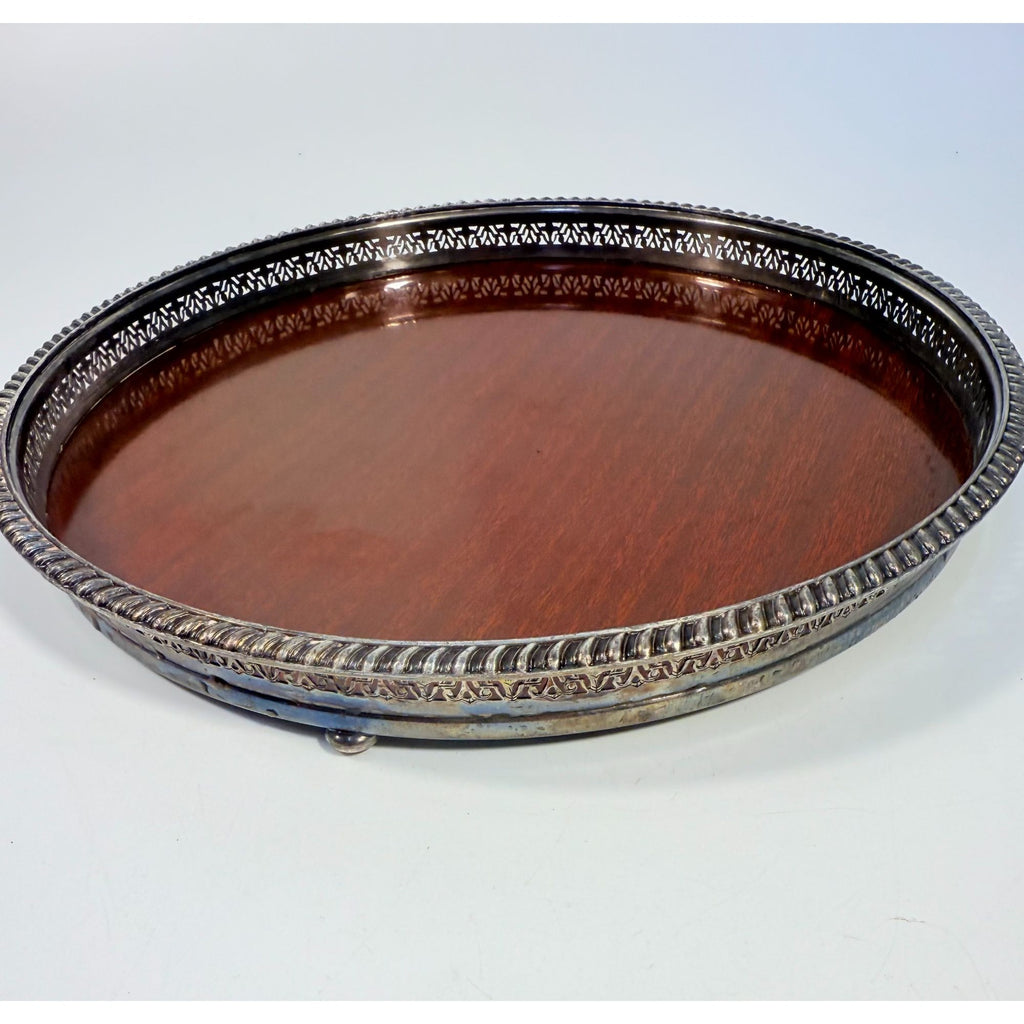 Cocktail Tray Silver Plated Round Reticulated Rim Cresent Vintage Faux wood grain bottom Ball Feet Hostess Serving Wedding Cocktail Party
