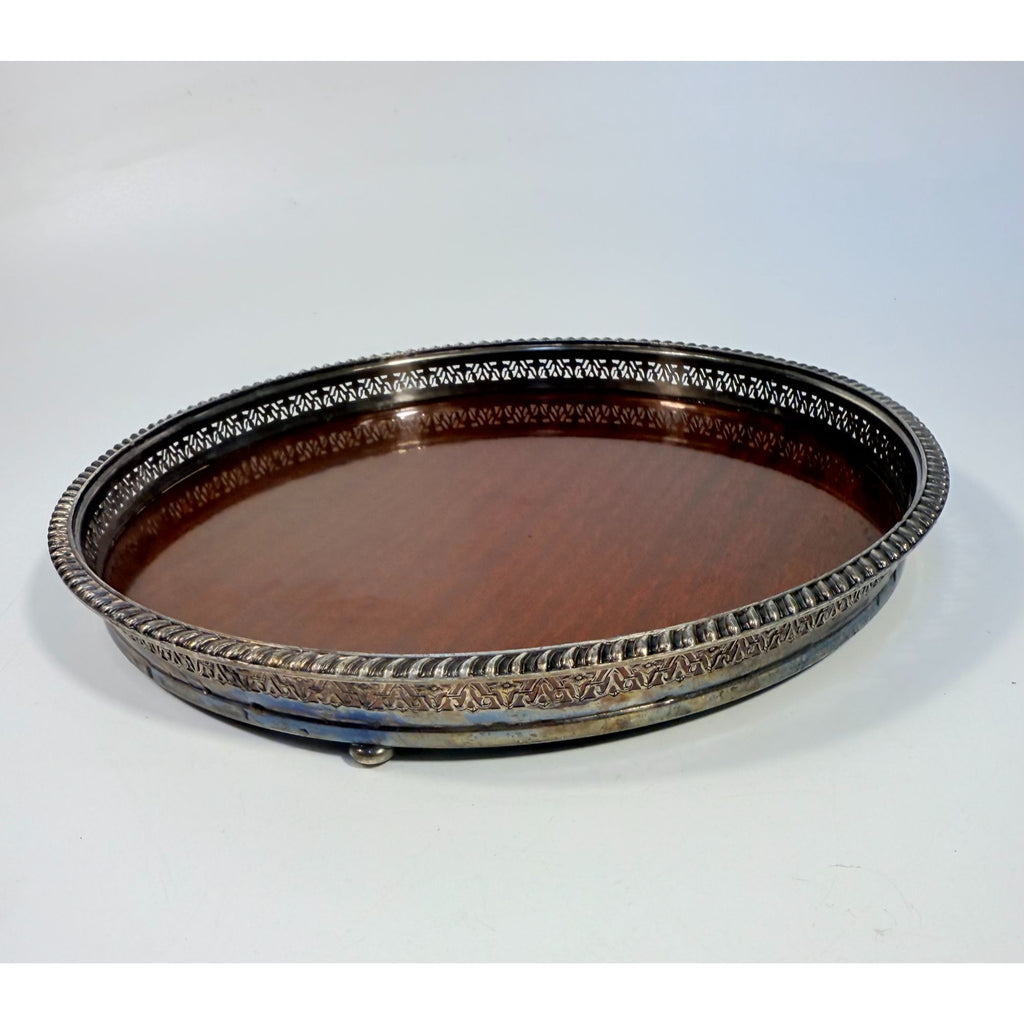 Cocktail Tray Silver Plated Round Reticulated Rim Cresent Vintage Faux wood grain bottom Ball Feet Hostess Serving Wedding Cocktail Party