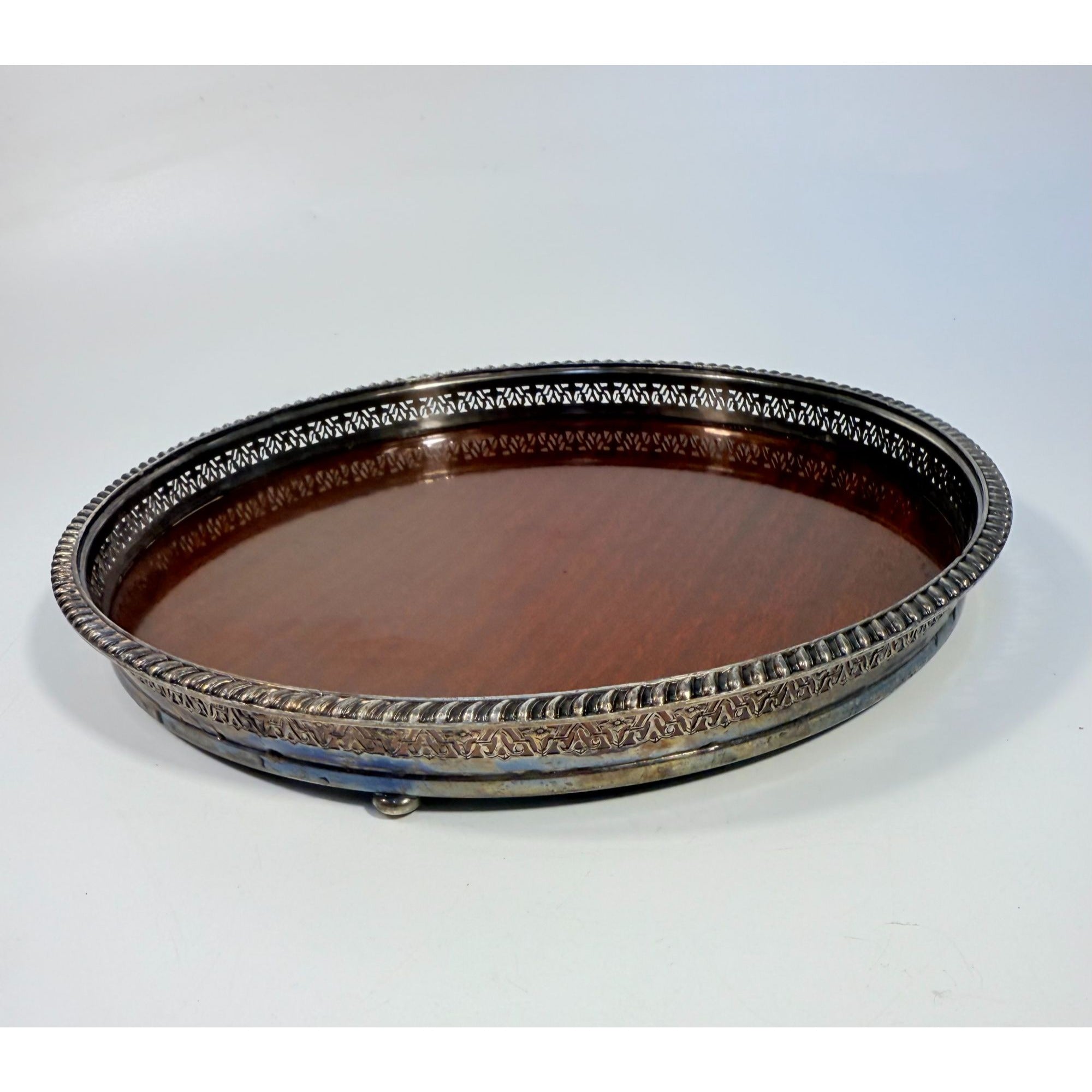 Cocktail Tray Silver Plated Round Reticulated Rim Cresent Vintage Faux wood grain bottom Ball Feet Hostess Serving Wedding Cocktail Party