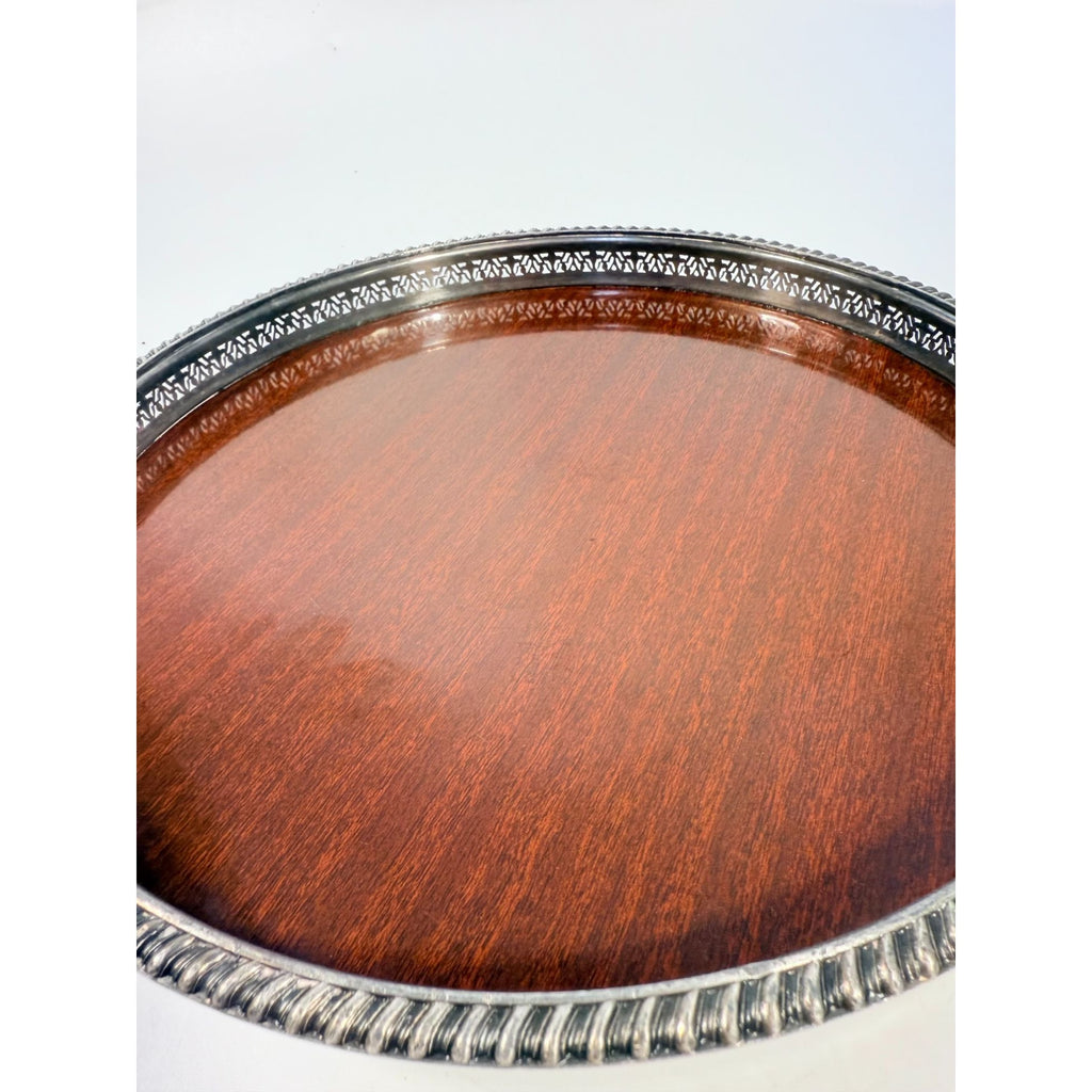 Cocktail Tray Silver Plated Round Reticulated Rim Cresent Vintage Faux wood grain bottom Ball Feet Hostess Serving Wedding Cocktail Party