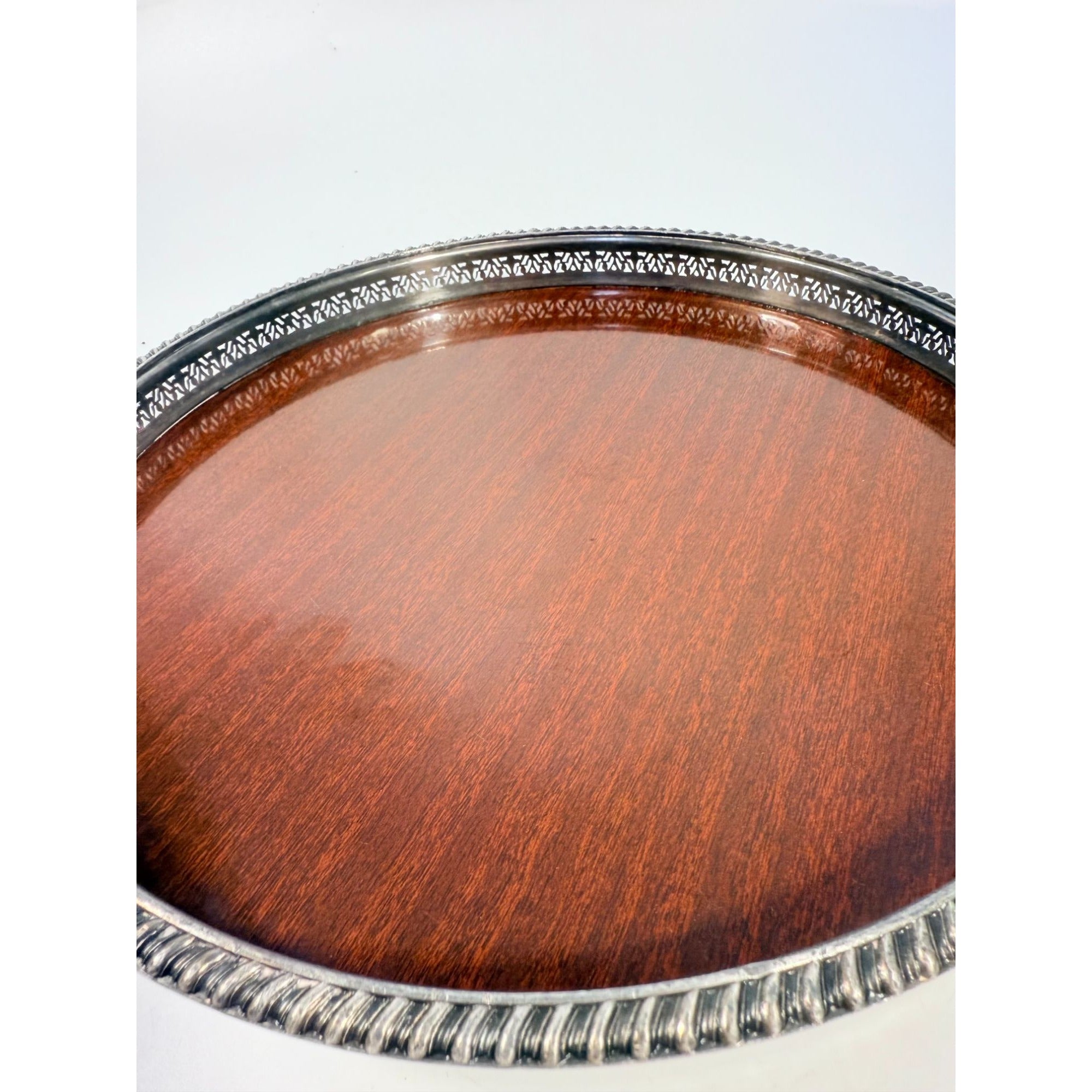 Cocktail Tray Silver Plated Round Reticulated Rim Cresent Vintage Faux wood grain bottom Ball Feet Hostess Serving Wedding Cocktail Party