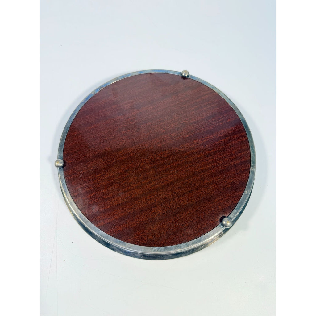 Cocktail Tray Silver Plated Round Reticulated Rim Cresent Vintage Faux wood grain bottom Ball Feet Hostess Serving Wedding Cocktail Party