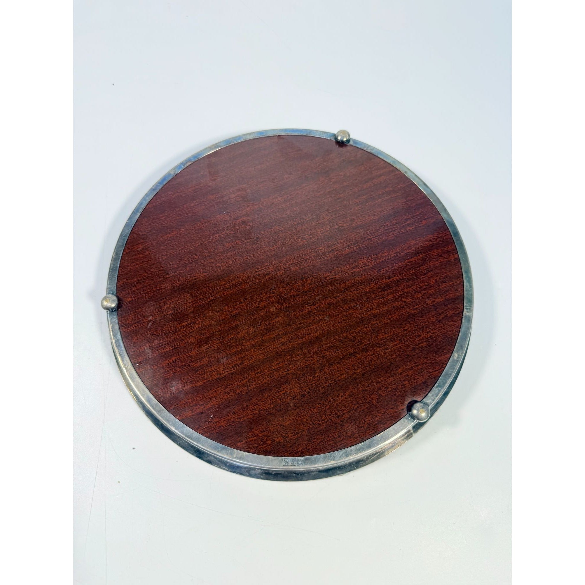 Cocktail Tray Silver Plated Round Reticulated Rim Cresent Vintage Faux wood grain bottom Ball Feet Hostess Serving Wedding Cocktail Party