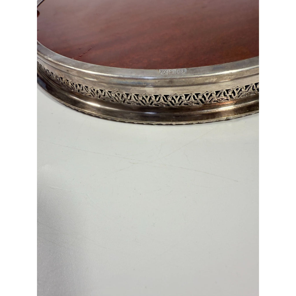 Cocktail Tray Silver Plated Round Reticulated Rim Cresent Vintage Faux wood grain bottom Ball Feet Hostess Serving Wedding Cocktail Party