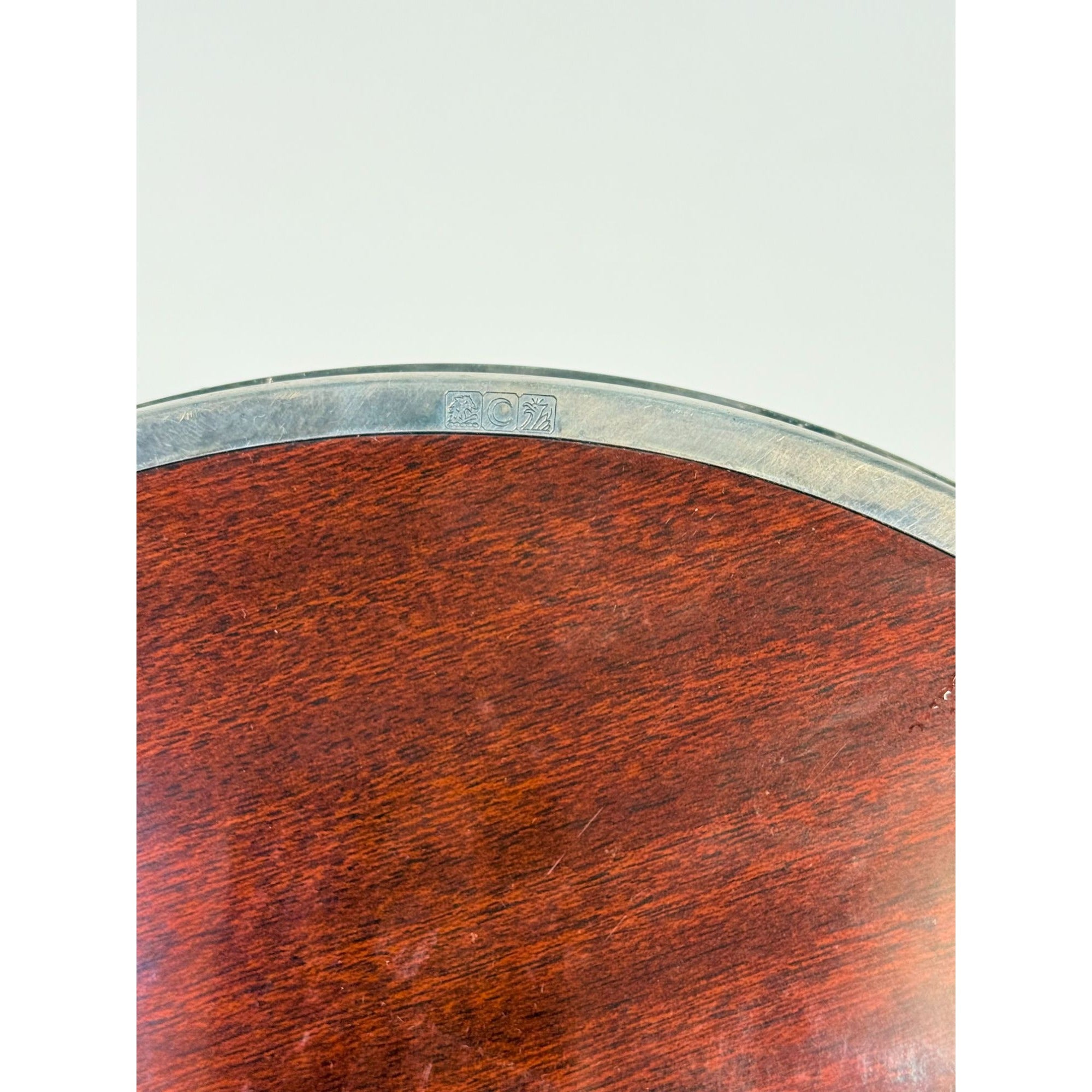 Cocktail Tray Silver Plated Round Reticulated Rim Cresent Vintage Faux wood grain bottom Ball Feet Hostess Serving Wedding Cocktail Party
