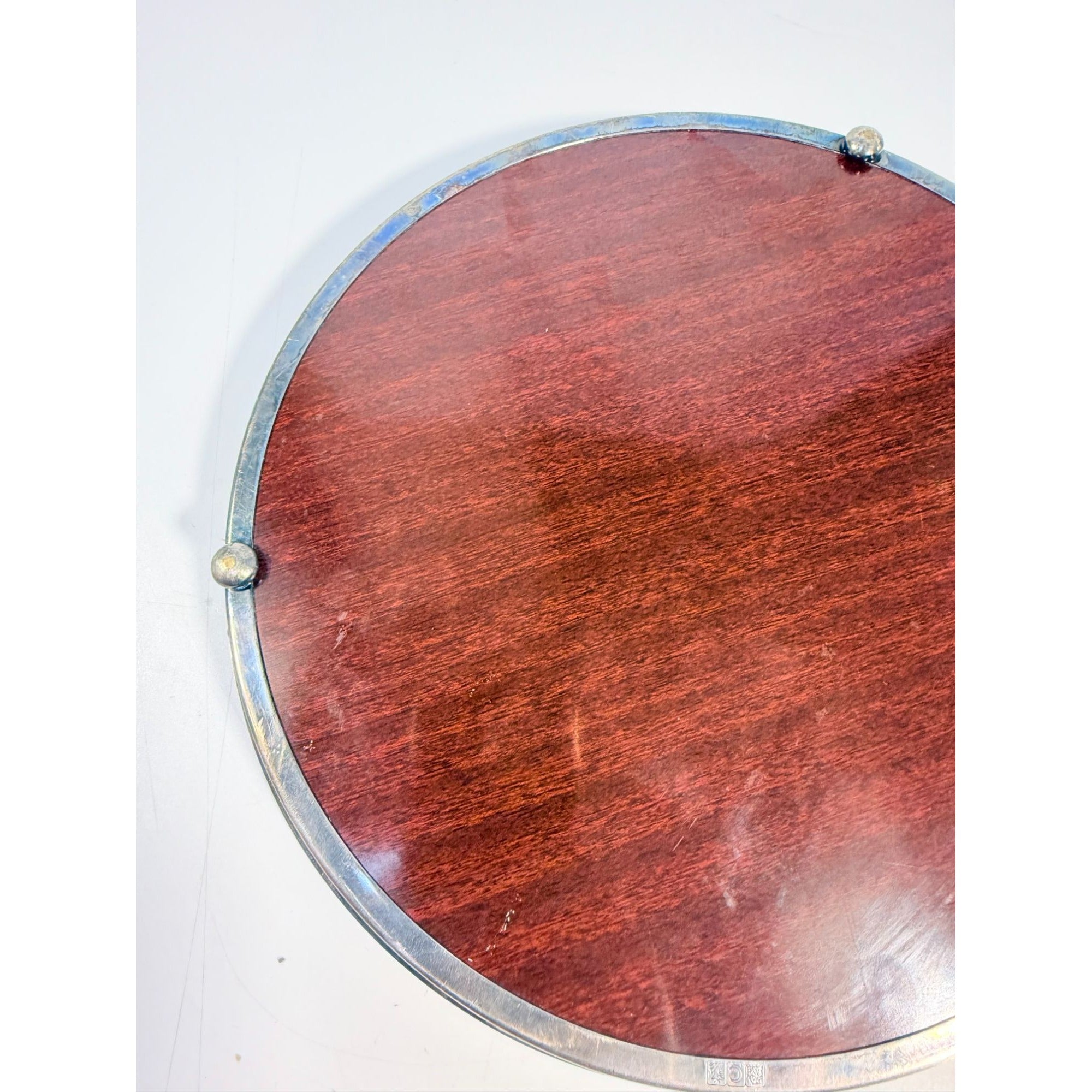 Cocktail Tray Silver Plated Round Reticulated Rim Cresent Vintage Faux wood grain bottom Ball Feet Hostess Serving Wedding Cocktail Party