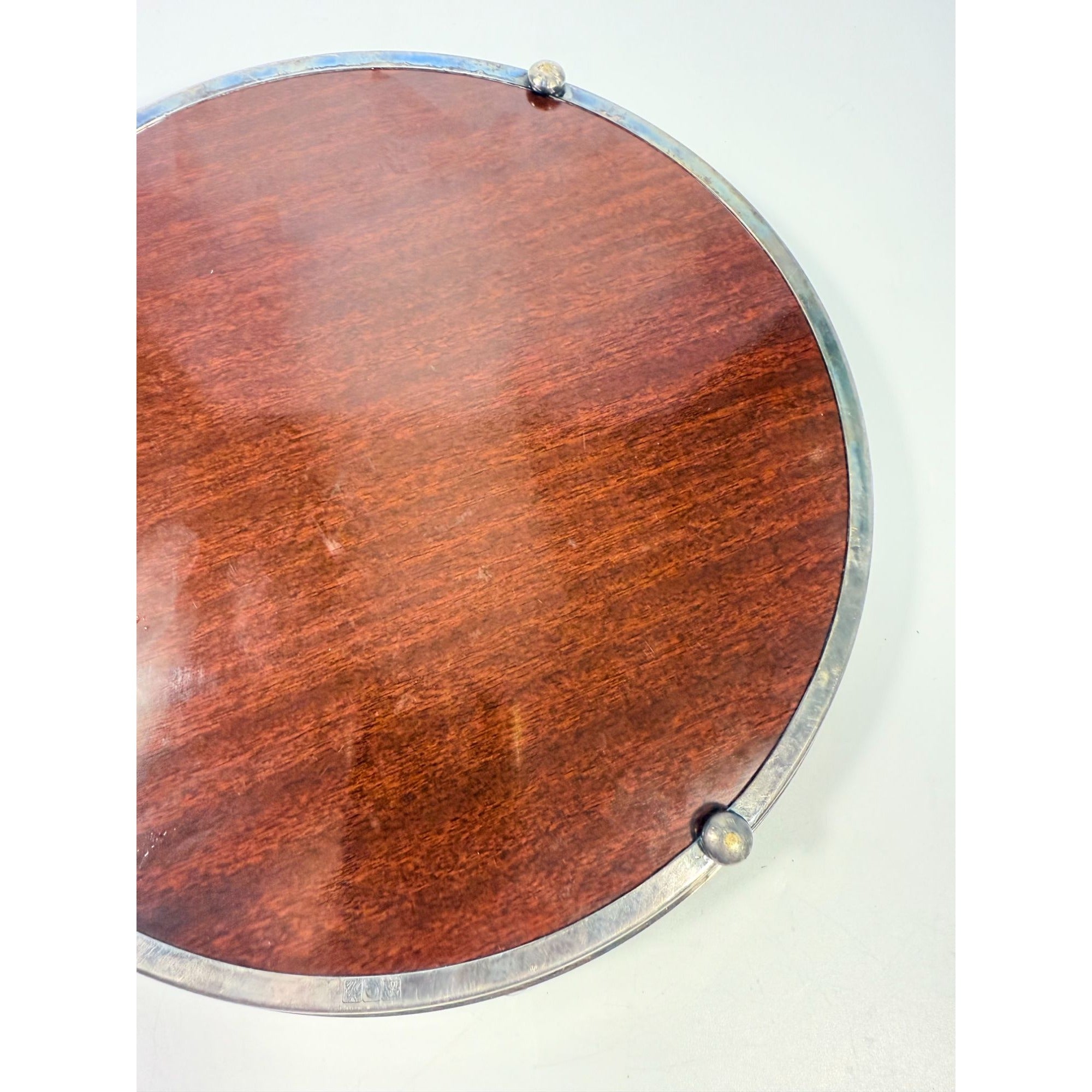 Cocktail Tray Silver Plated Round Reticulated Rim Cresent Vintage Faux wood grain bottom Ball Feet Hostess Serving Wedding Cocktail Party