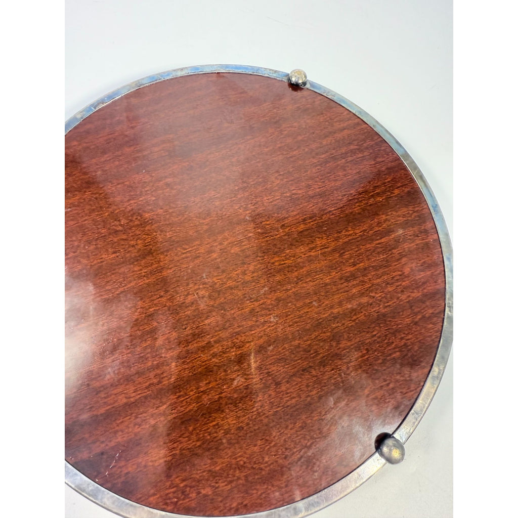 Cocktail Tray Silver Plated Round Reticulated Rim Cresent Vintage Faux wood grain bottom Ball Feet Hostess Serving Wedding Cocktail Party