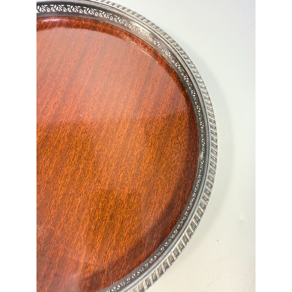 Cocktail Tray Silver Plated Round Reticulated Rim Cresent Vintage Faux wood grain bottom Ball Feet Hostess Serving Wedding Cocktail Party