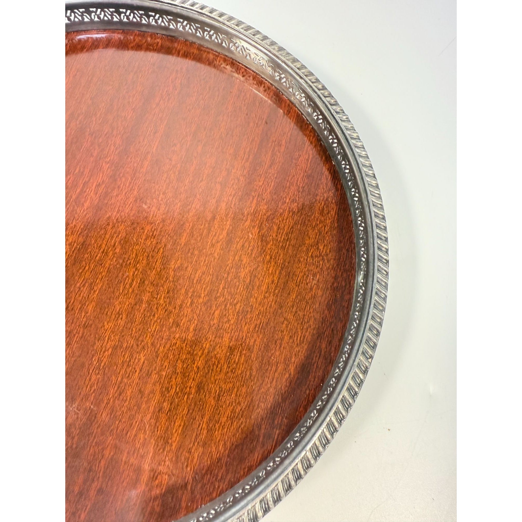 Cocktail Tray Silver Plated Round Reticulated Rim Cresent Vintage Faux wood grain bottom Ball Feet Hostess Serving Wedding Cocktail Party