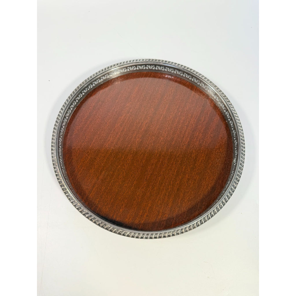 Cocktail Tray Silver Plated Round Reticulated Rim Cresent Vintage Faux wood grain bottom Ball Feet Hostess Serving Wedding Cocktail Party