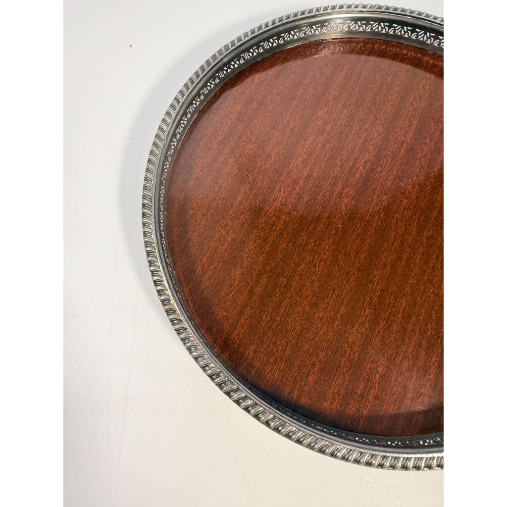 Cocktail Tray Silver Plated Round Reticulated Rim Cresent Vintage Faux wood grain bottom Ball Feet Hostess Serving Wedding Cocktail Party