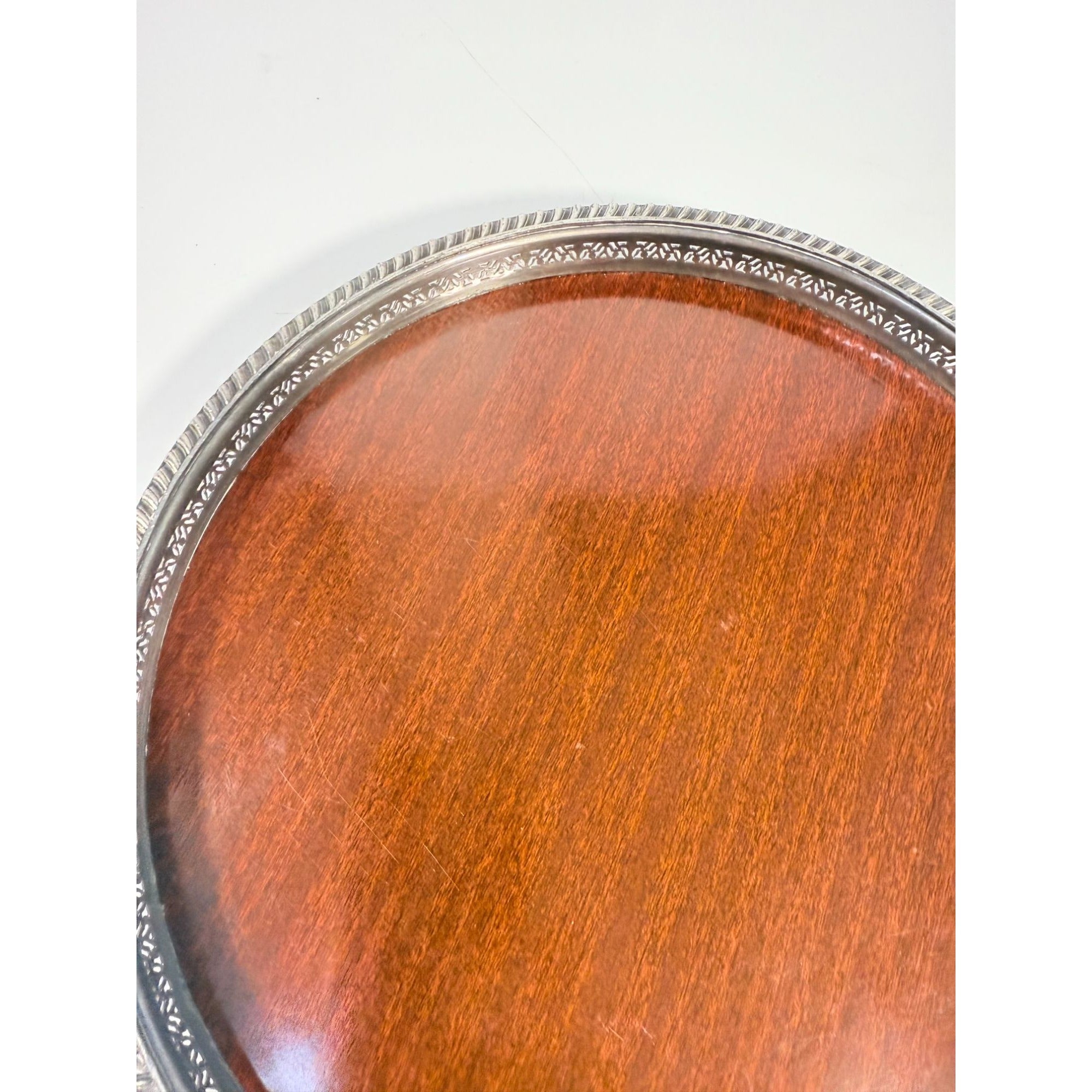 Cocktail Tray Silver Plated Round Reticulated Rim Cresent Vintage Faux wood grain bottom Ball Feet Hostess Serving Wedding Cocktail Party
