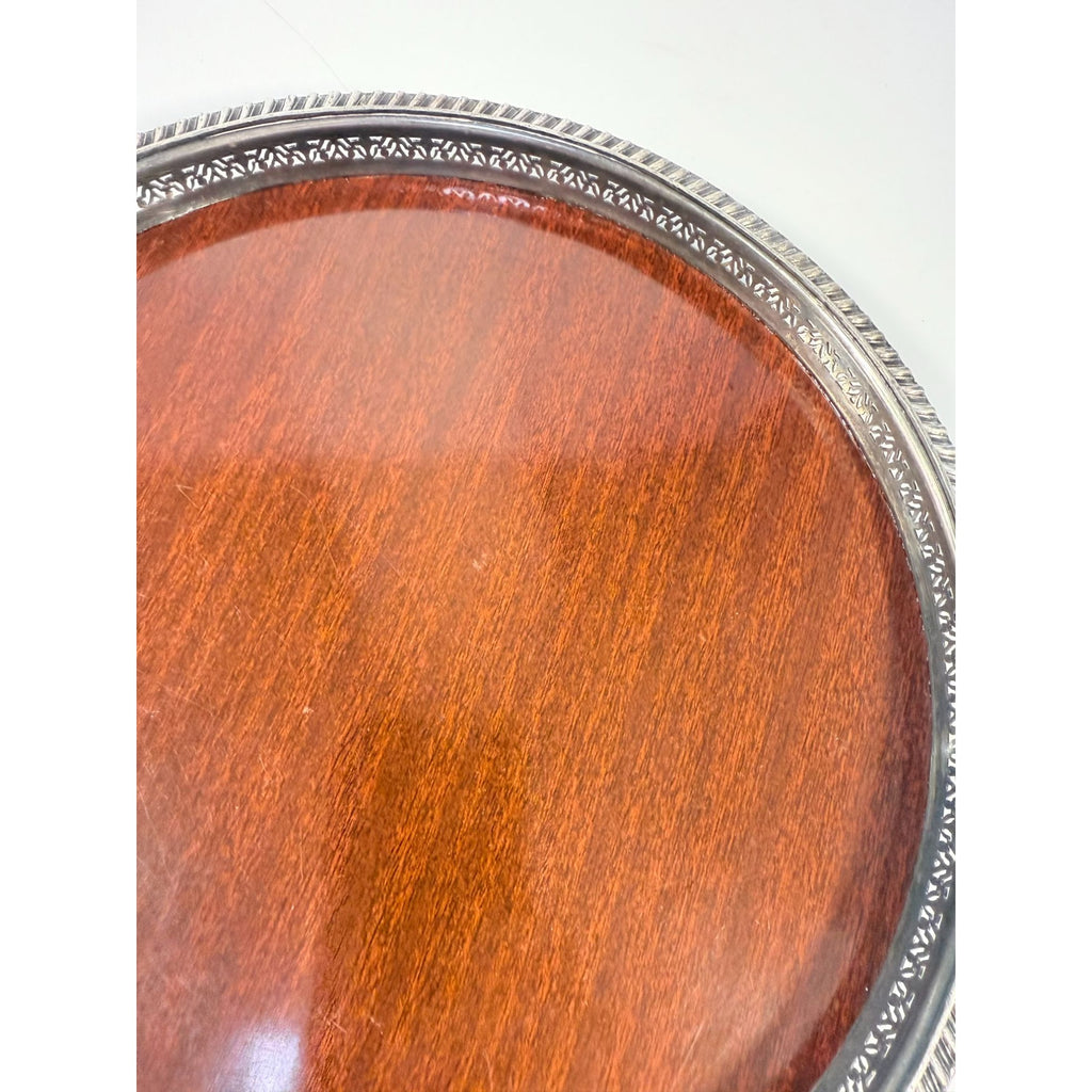 Cocktail Tray Silver Plated Round Reticulated Rim Cresent Vintage Faux wood grain bottom Ball Feet Hostess Serving Wedding Cocktail Party