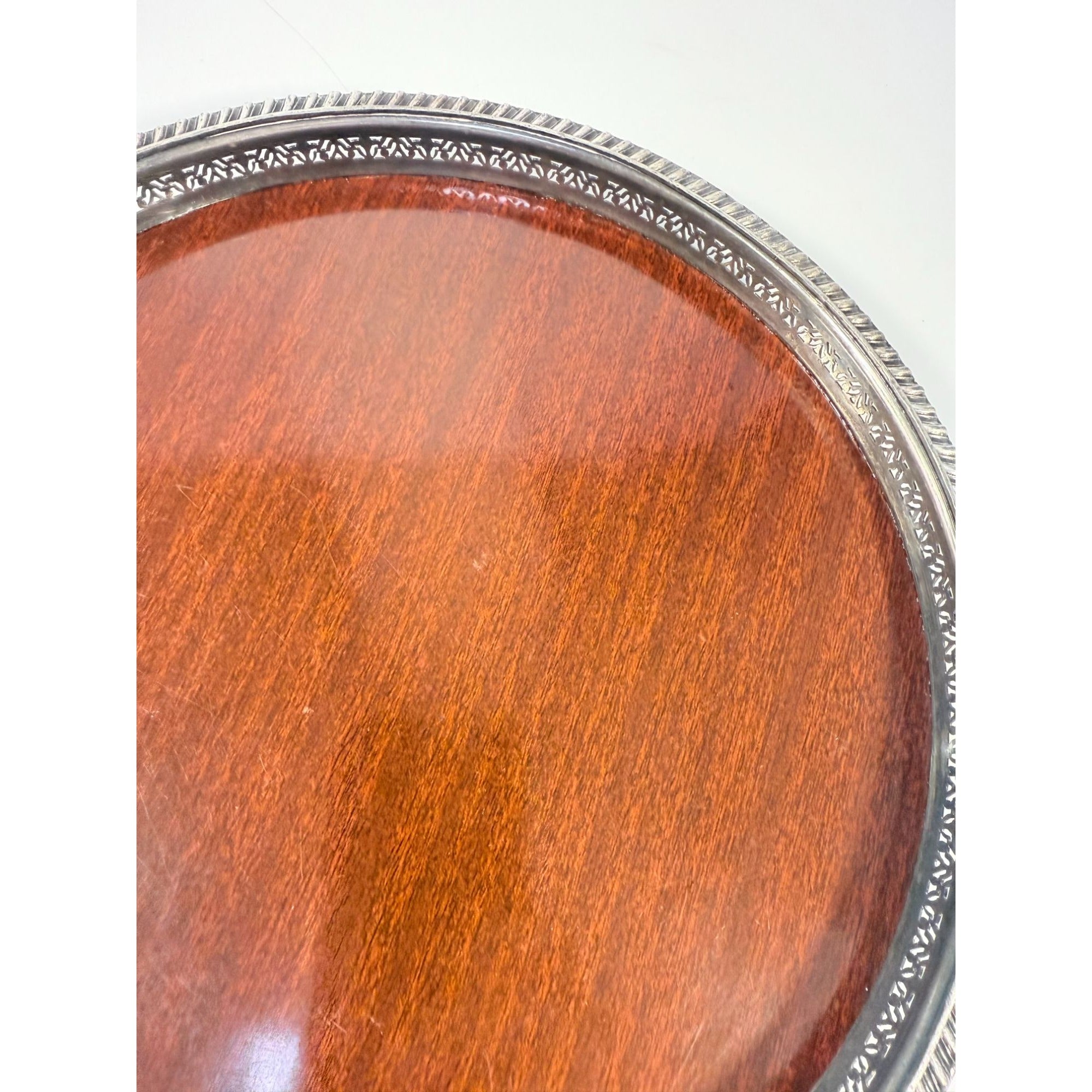 Cocktail Tray Silver Plated Round Reticulated Rim Cresent Vintage Faux wood grain bottom Ball Feet Hostess Serving Wedding Cocktail Party