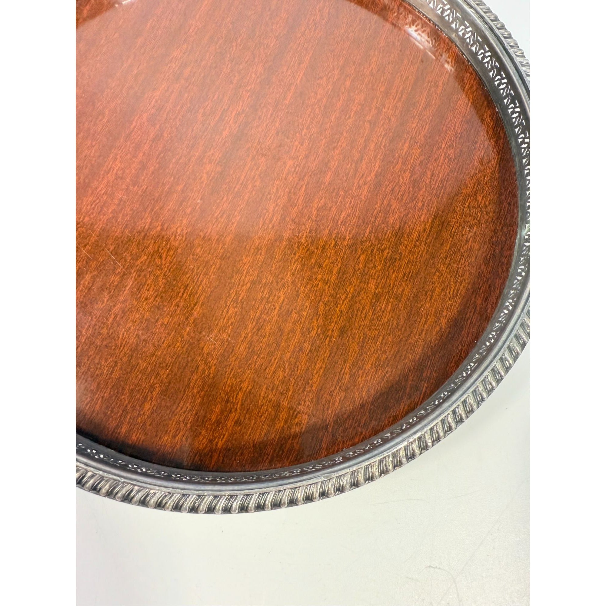 Cocktail Tray Silver Plated Round Reticulated Rim Cresent Vintage Faux wood grain bottom Ball Feet Hostess Serving Wedding Cocktail Party
