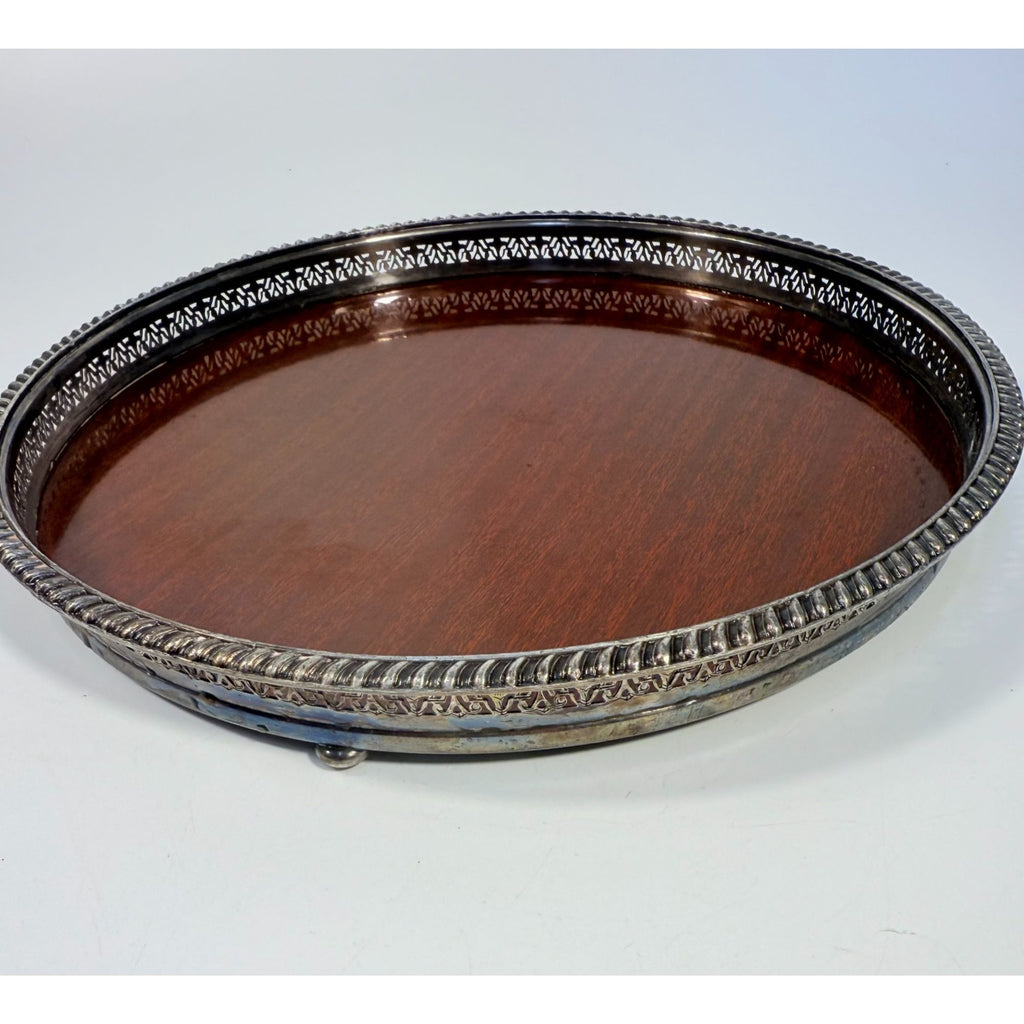 Cocktail Tray Silver Plated Round Reticulated Rim Cresent Vintage Faux wood grain bottom Ball Feet Hostess Serving Wedding Cocktail Party