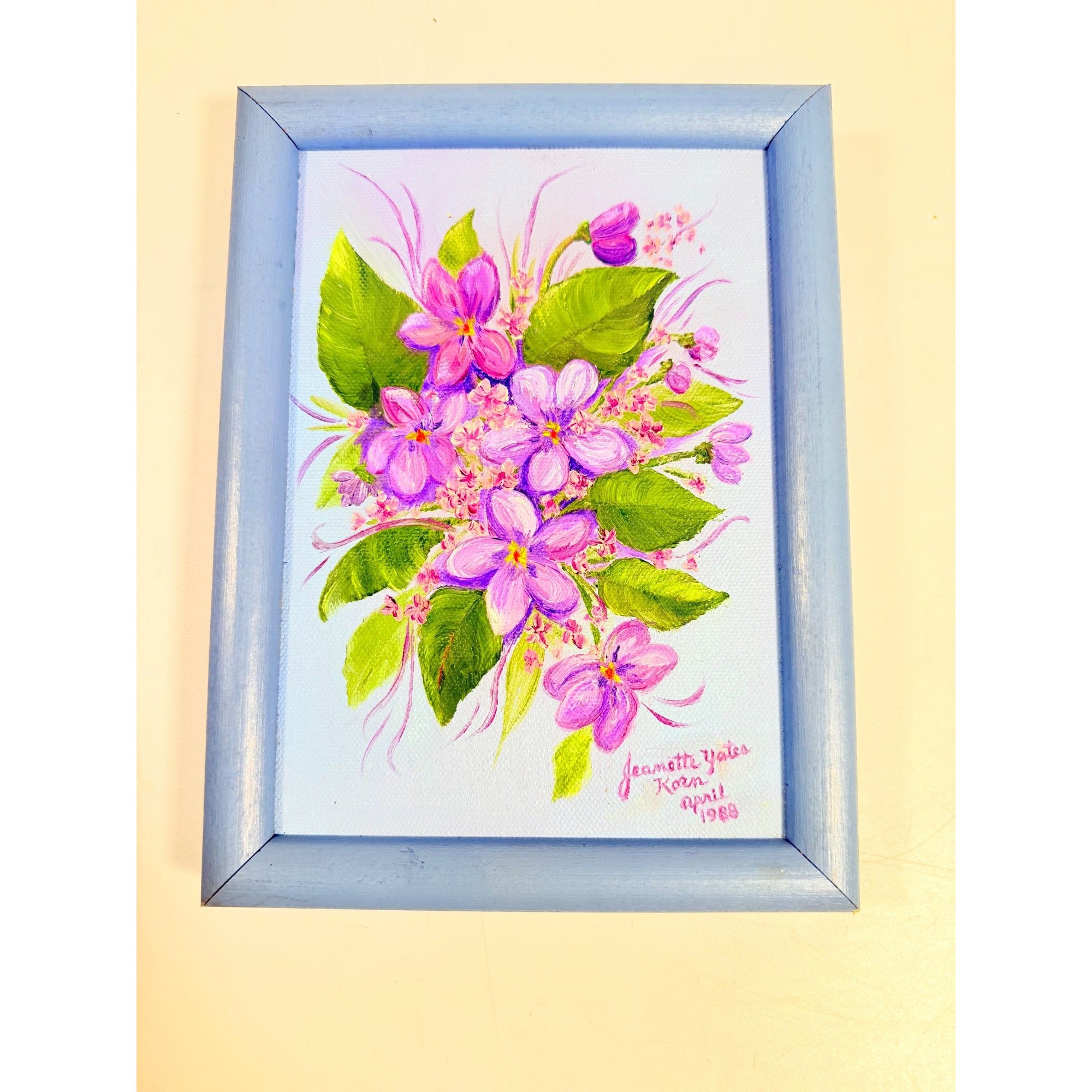 Mini Oil Painting Art Vintage Pansy Violets Flowers Artist Signed Vintage Mid Century Shelf Wall Decor Velvet Framed Framed Gold Flower