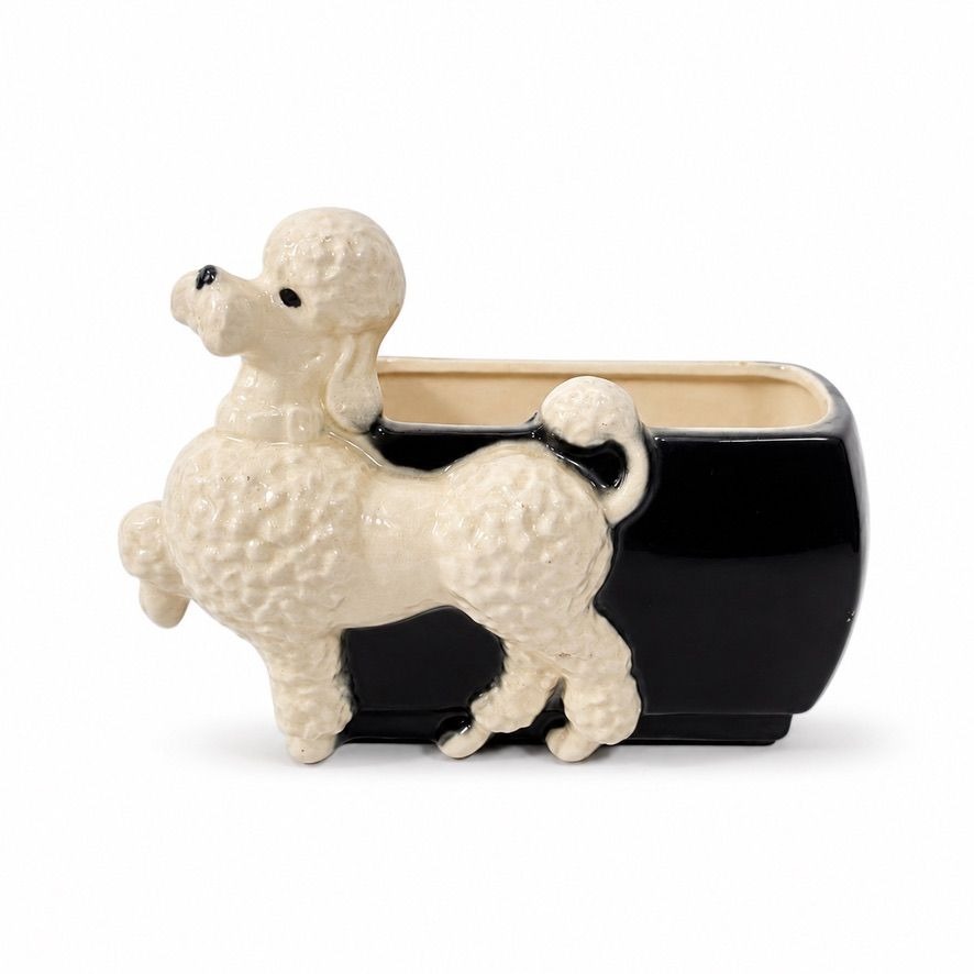 Flower Planter Poodle Royal Copley Prancing Walking Black White Hand Painted Mid Century Kitshcy Vintage Home Decor Decorative Accents