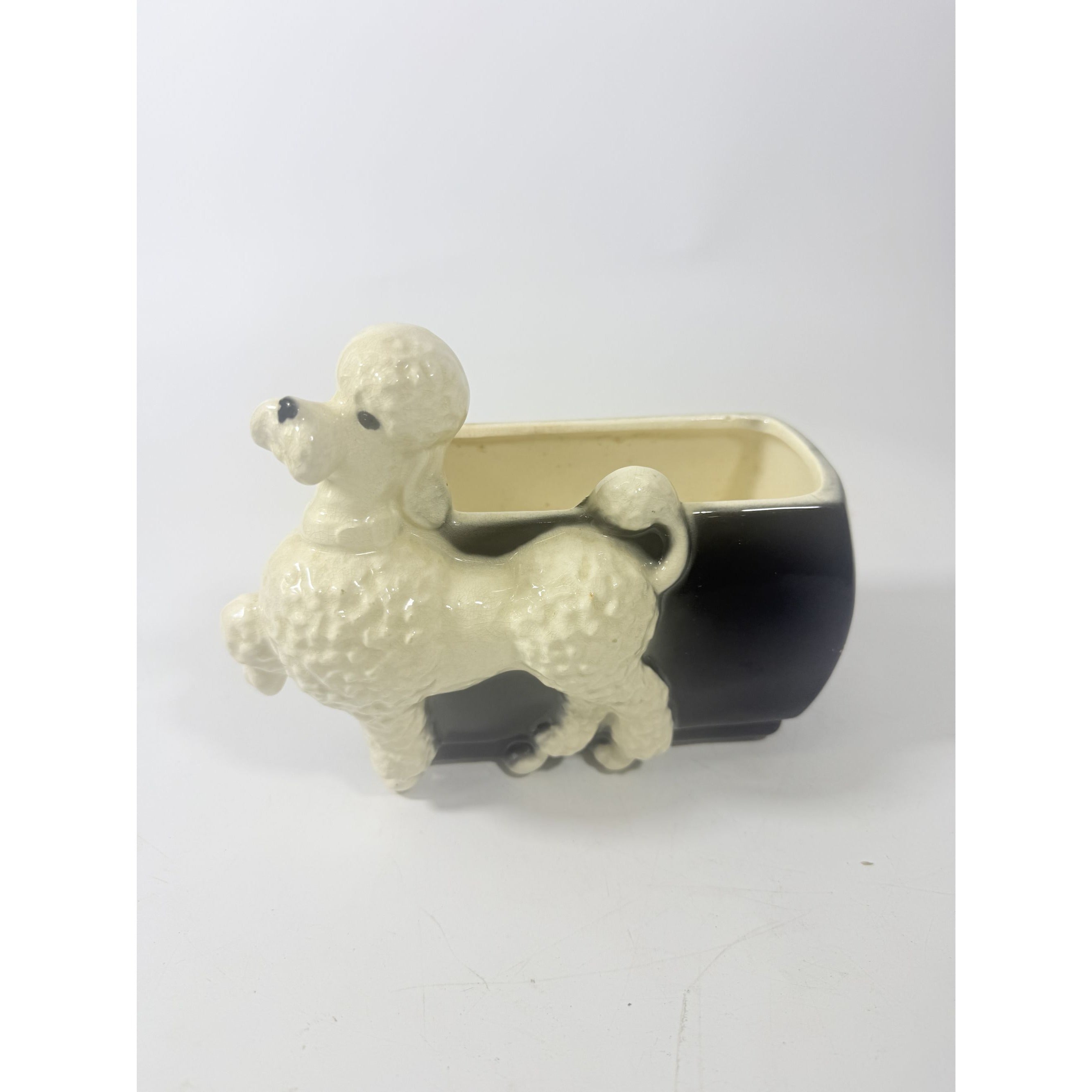 Flower Planter Poodle Royal Copley Prancing Walking Black White Hand Painted Mid Century Kitshcy Vintage Home Decor Decorative Accents