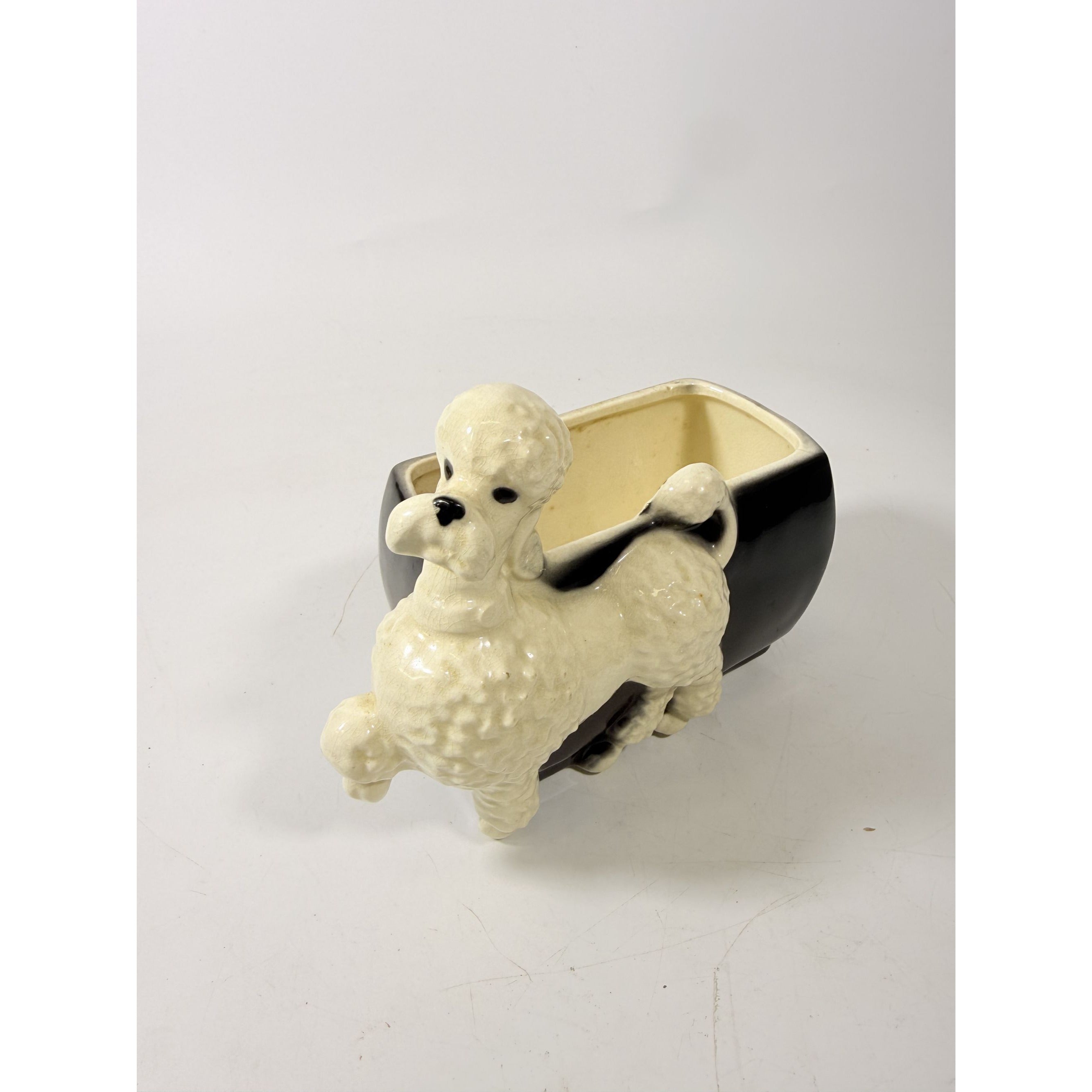 Flower Planter Poodle Royal Copley Prancing Walking Black White Hand Painted Mid Century Kitshcy Vintage Home Decor Decorative Accents