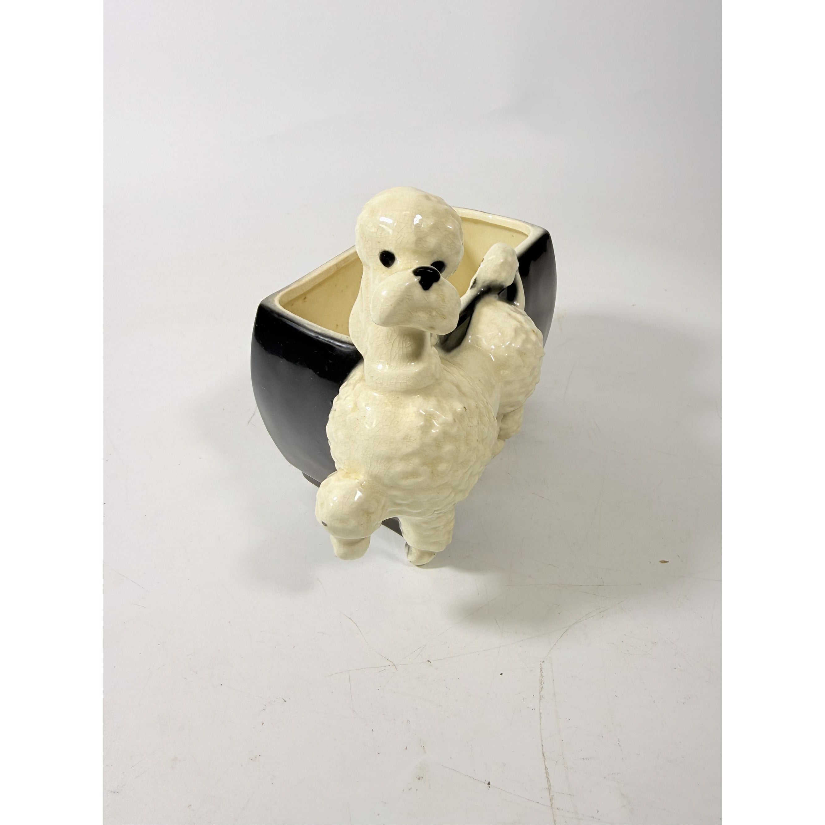 Flower Planter Poodle Royal Copley Prancing Walking Black White Hand Painted Mid Century Kitshcy Vintage Home Decor Decorative Accents