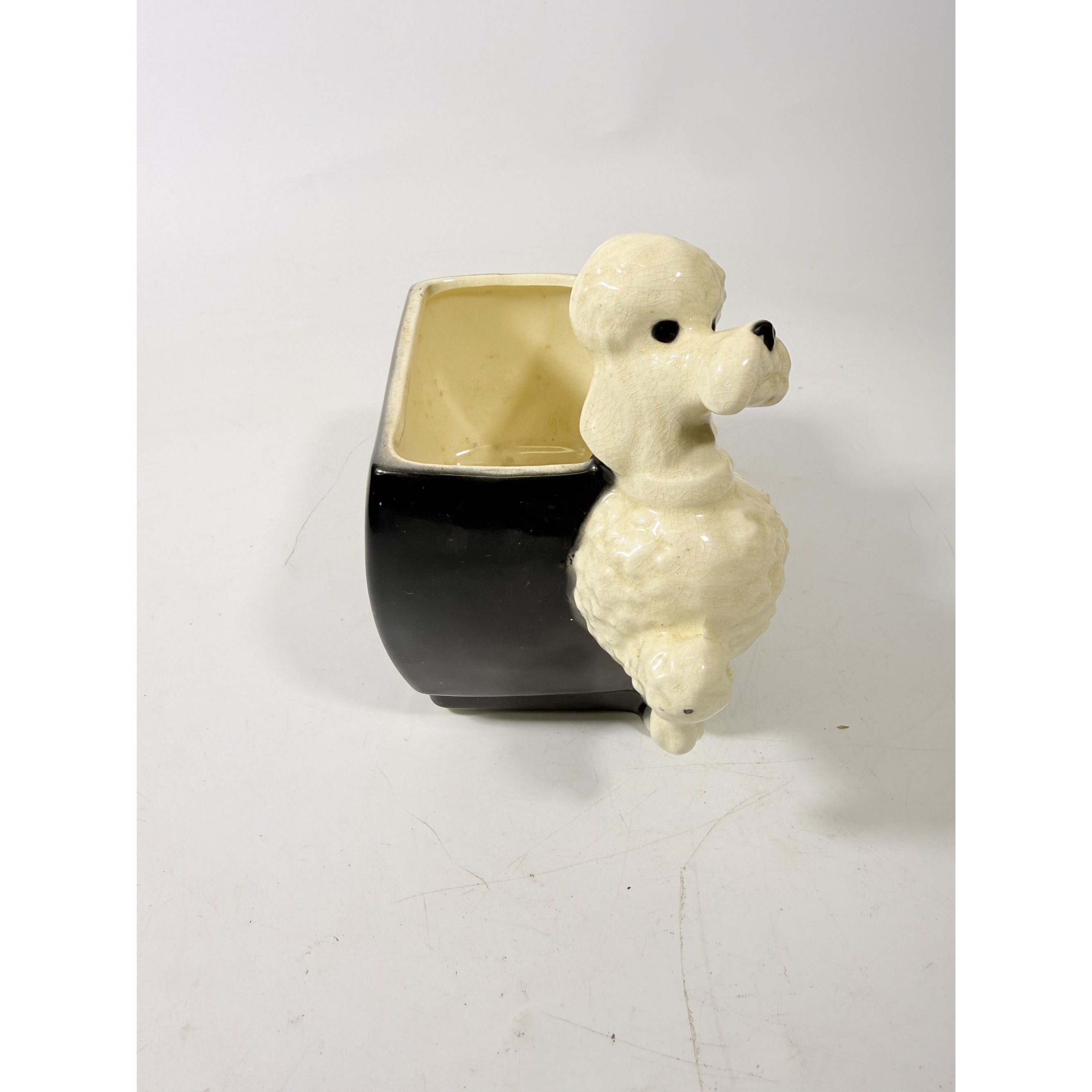 Flower Planter Poodle Royal Copley Prancing Walking Black White Hand Painted Mid Century Kitshcy Vintage Home Decor Decorative Accents