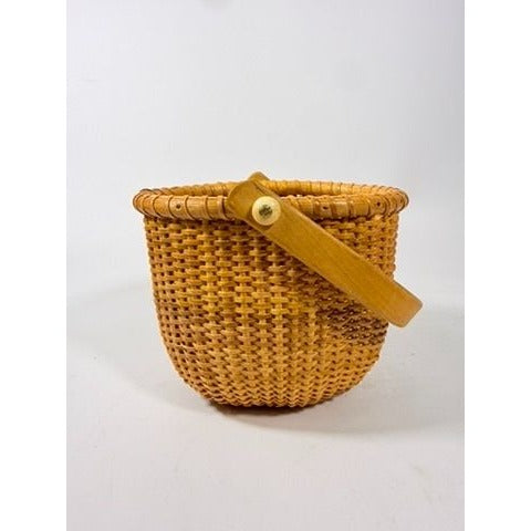 Nantucket lightship basket -Wicker Handled Handmade Wood Bottom Vintage collectible