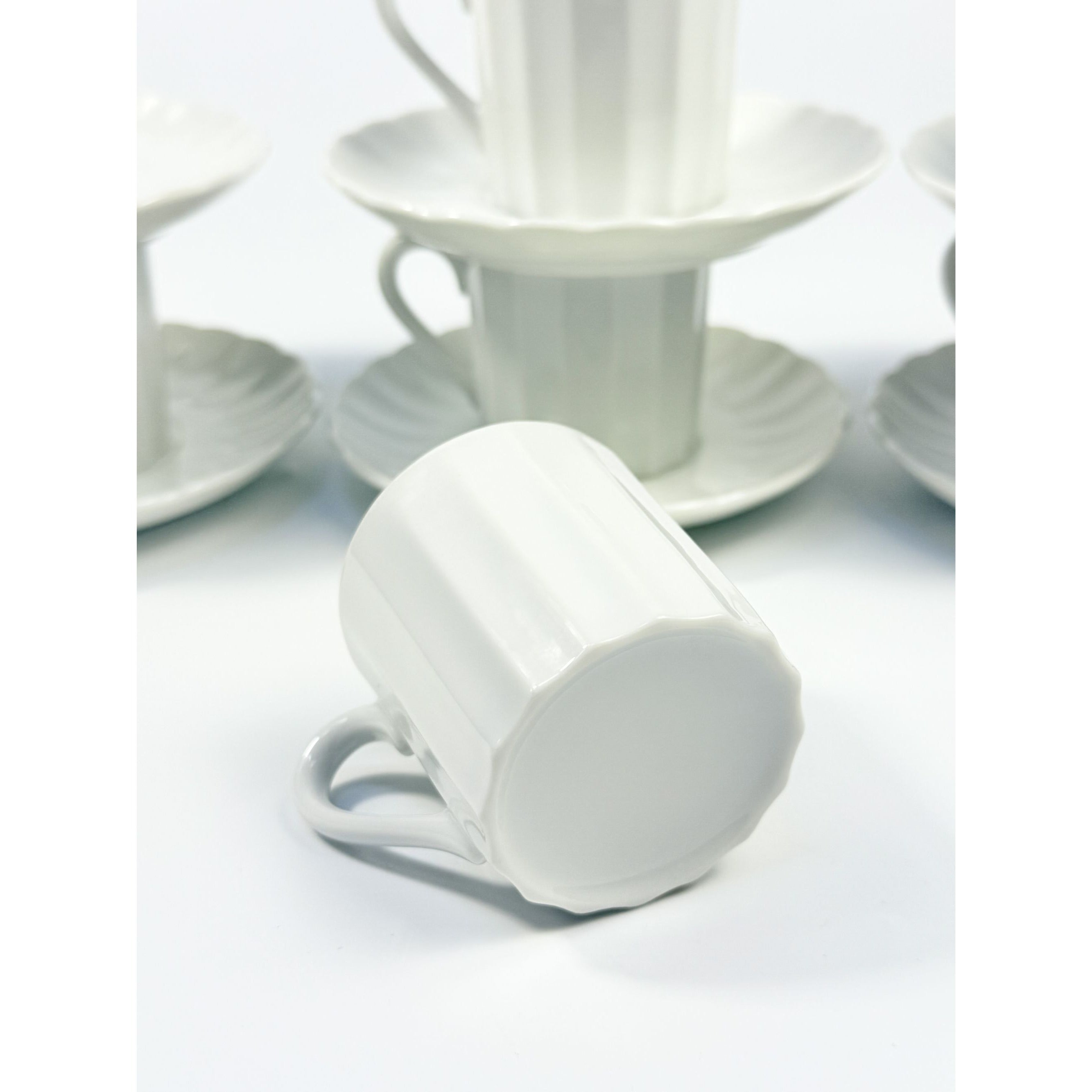 Demitasse coffee cups mugs saucers Set 6 Espresso Turkish Coffee Bone China White Replacement China Hostess Serving Vintage Fluted Half