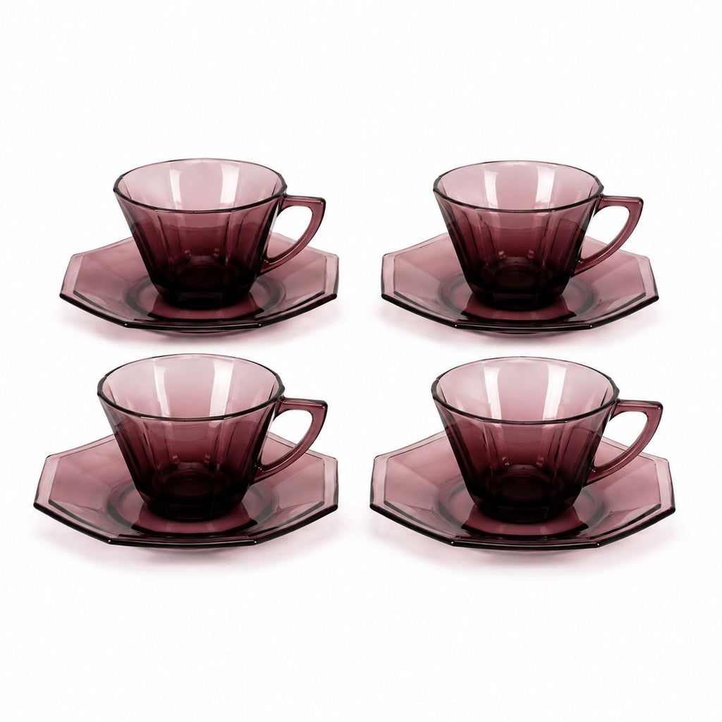 Glass Teacup and Saucers Hazel Atlas Moroccan Amethyst Set of 4 Purple MCM Purple Replacement Glassware Hostess Vintage