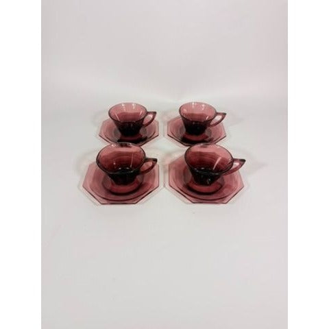 Glass Teacup and Saucers Hazel Atlas Moroccan Amethyst Set of 4 Purple MCM Purple Replacement Glassware Hostess Vintage